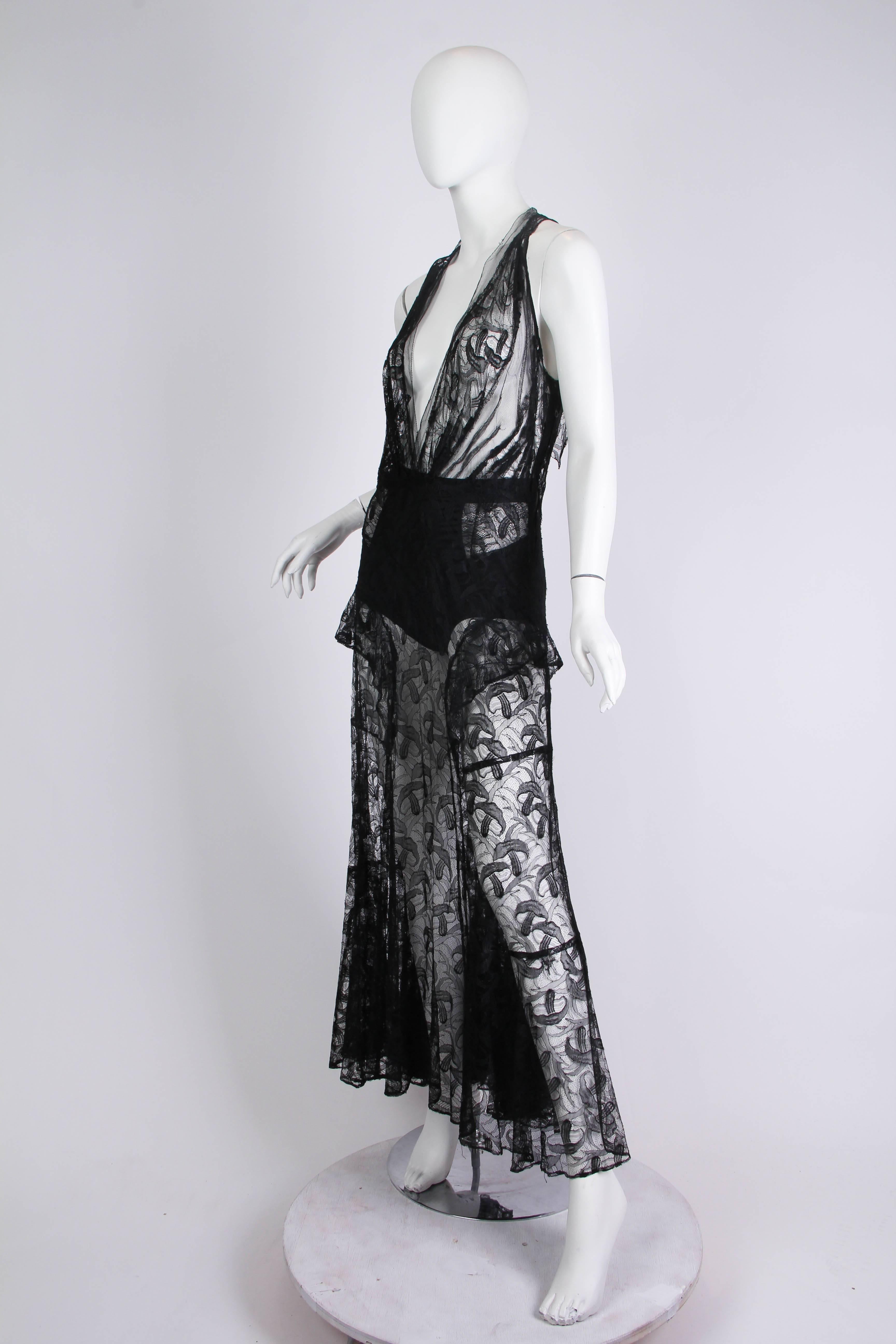 1930s Sheer Black Silk Lace Gown with Mushroom Lace 2