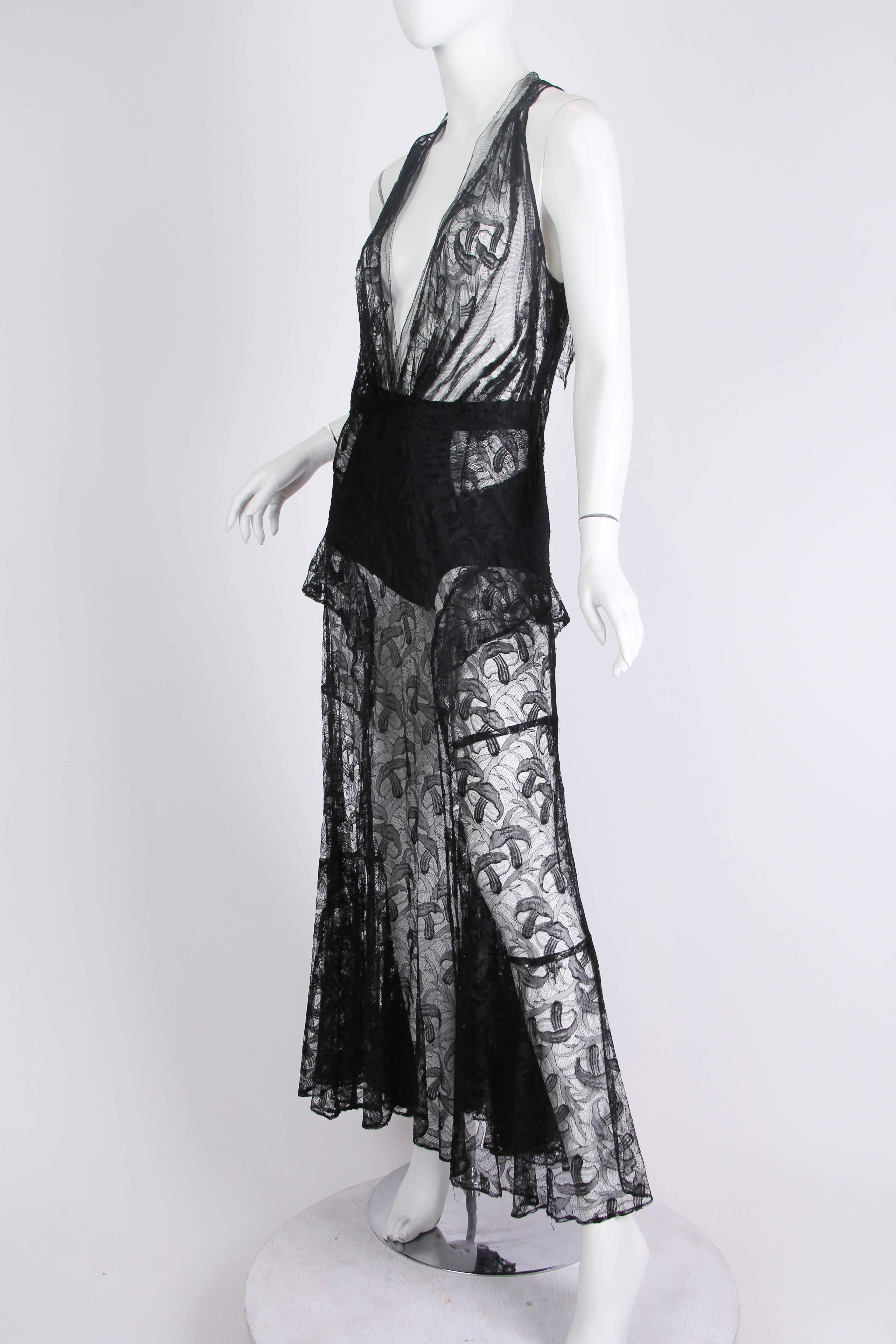 1930s Sheer Black Silk Lace Gown with Mushroom Lace In Excellent Condition In New York, NY