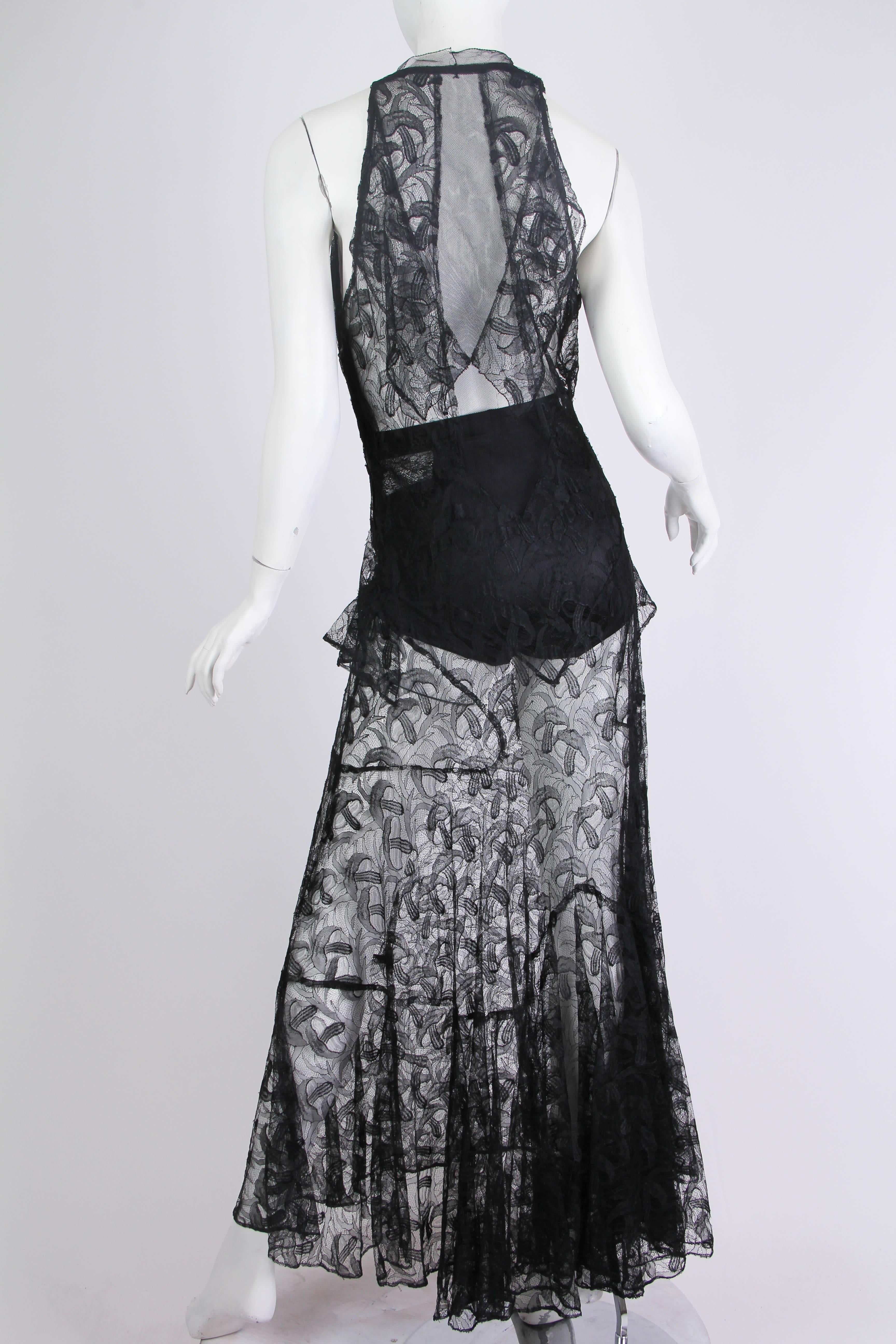 Women's 1930s Sheer Black Silk Lace Gown with Mushroom Lace