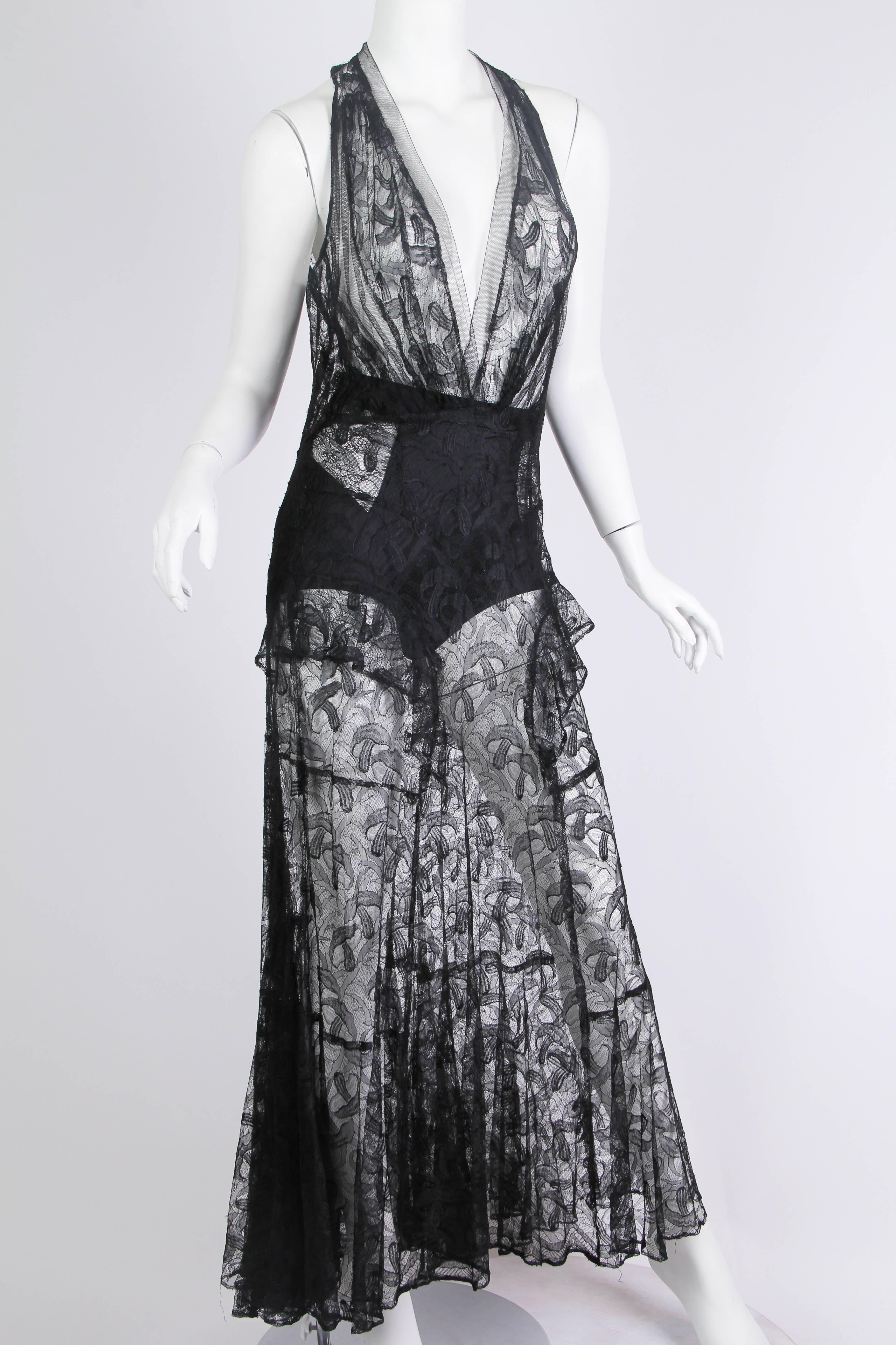 This gorgeous gown is even more amazing when one looks up close and takes in the mushrooms in the lace. Very rare to find 1930s gowns of this caliber. Under pinnings not included in sale. 