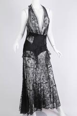 1930s Sheer Black Silk Lace Gown with Mushroom Lace