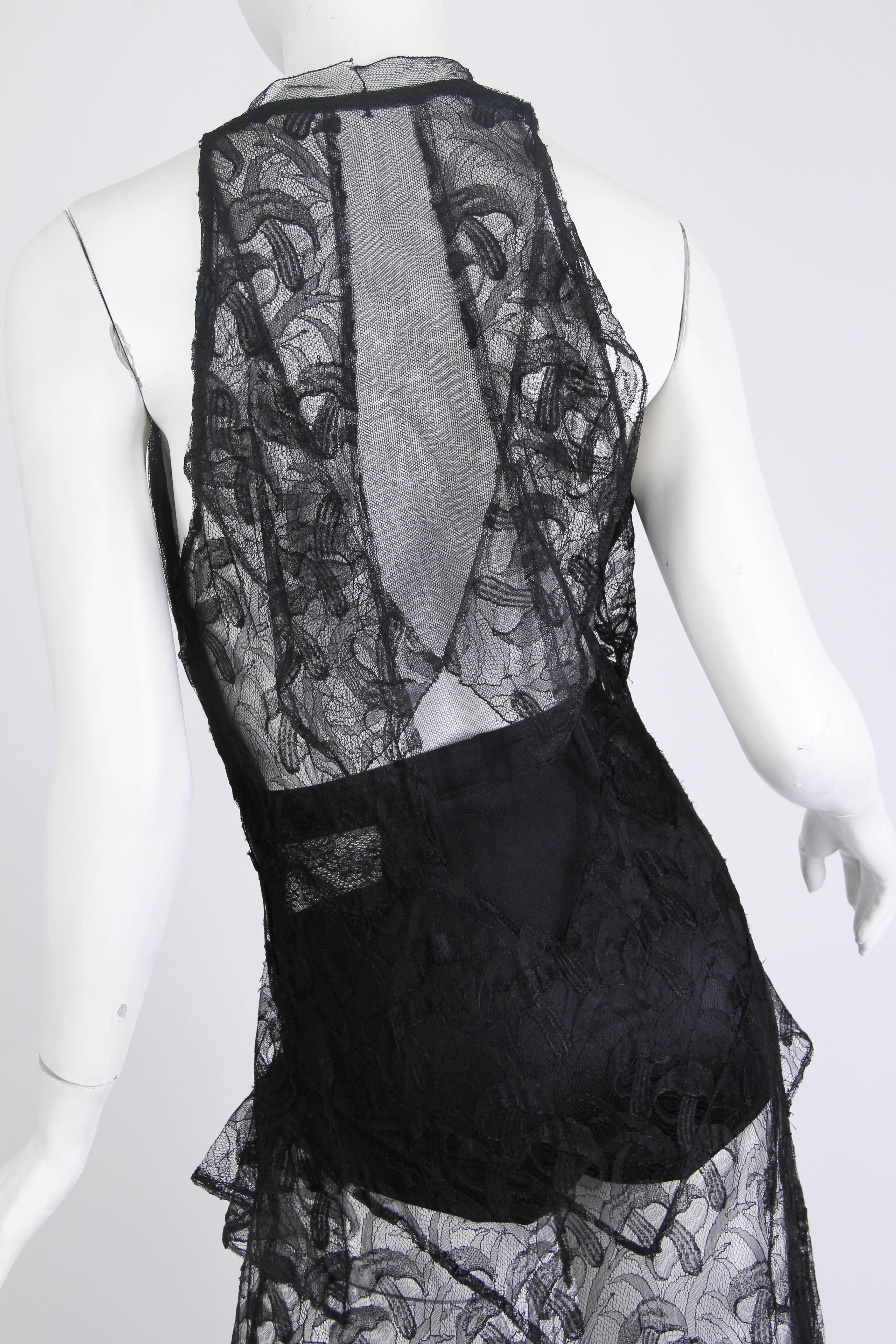 1930s Sheer Black Silk Lace Gown with Mushroom Lace 3