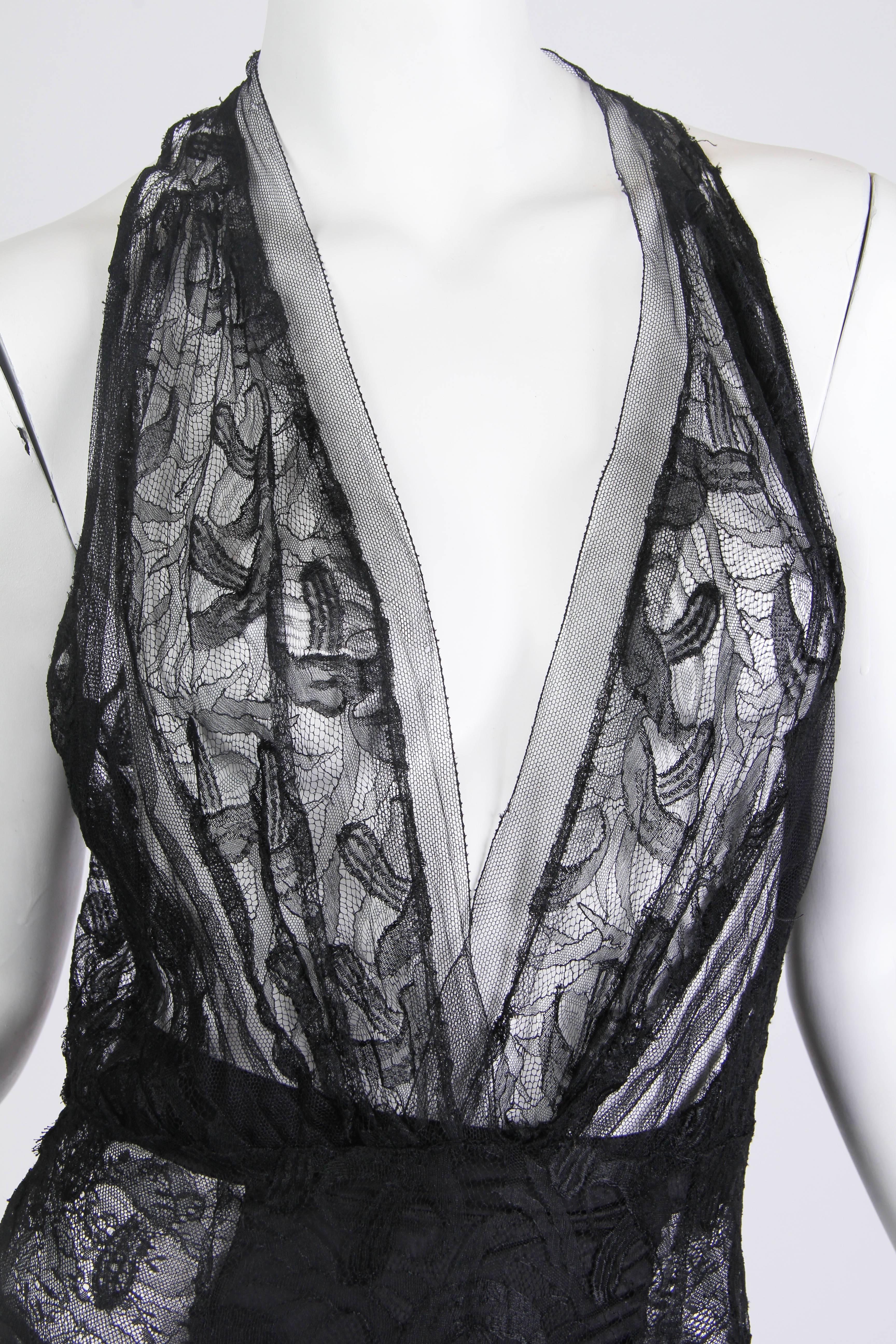 1930s Sheer Black Silk Lace Gown with Mushroom Lace 4