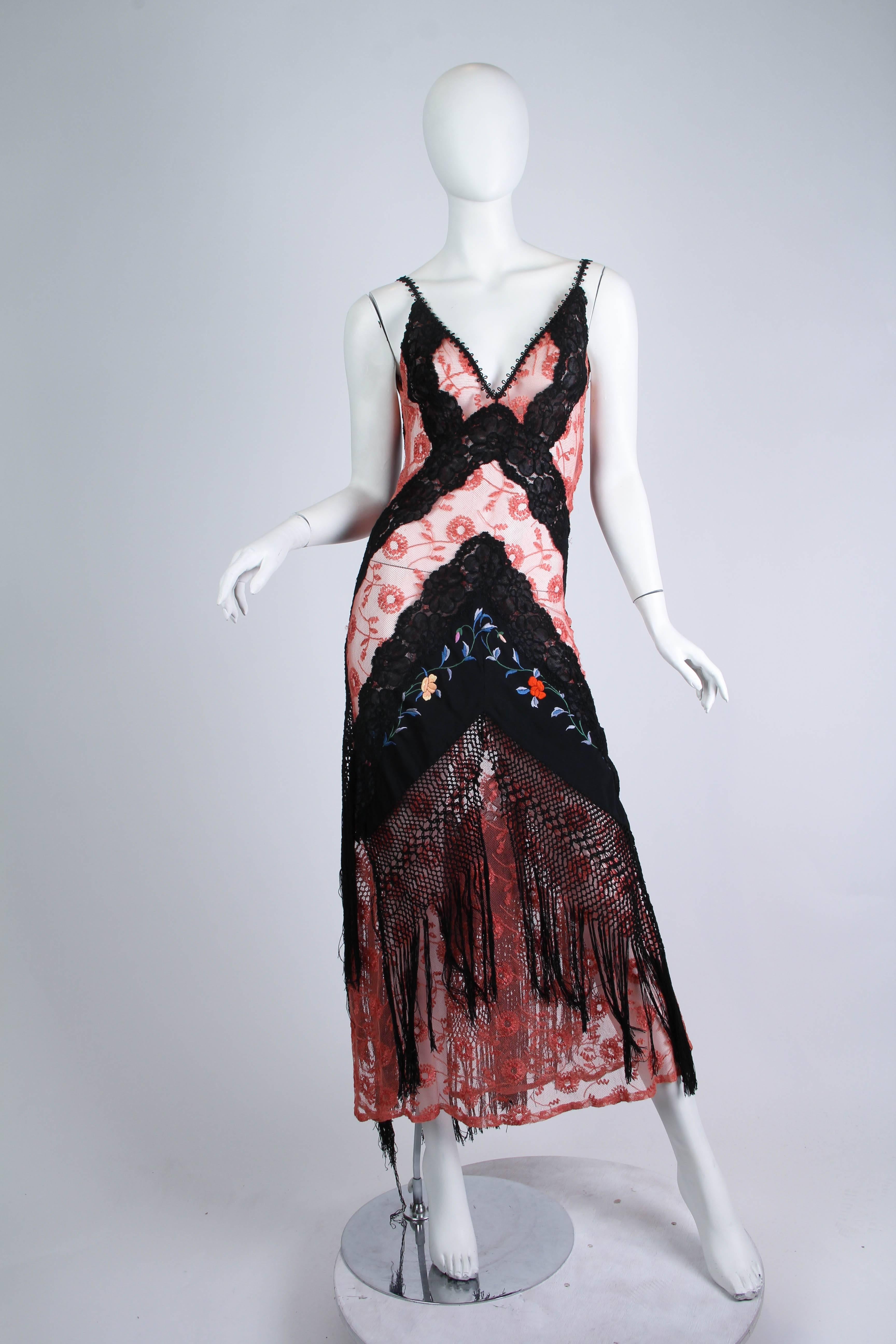 1930s Bias Cut Silk Net Lace Dress Re-Built with Chinese Embroidery and Fringe 1