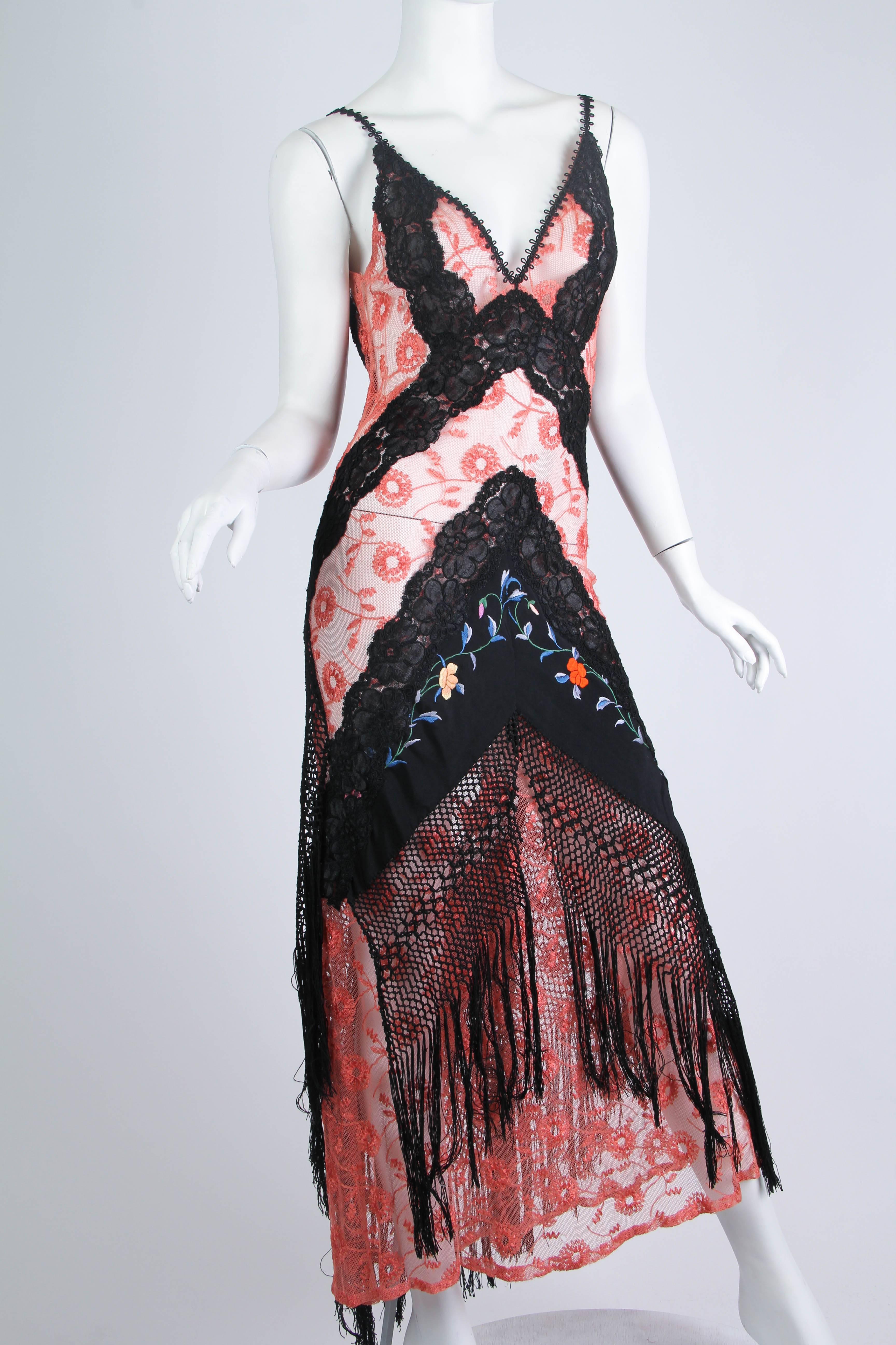 Black 1930s Bias Cut Silk Net Lace Dress Re-Built with Chinese Embroidery and Fringe