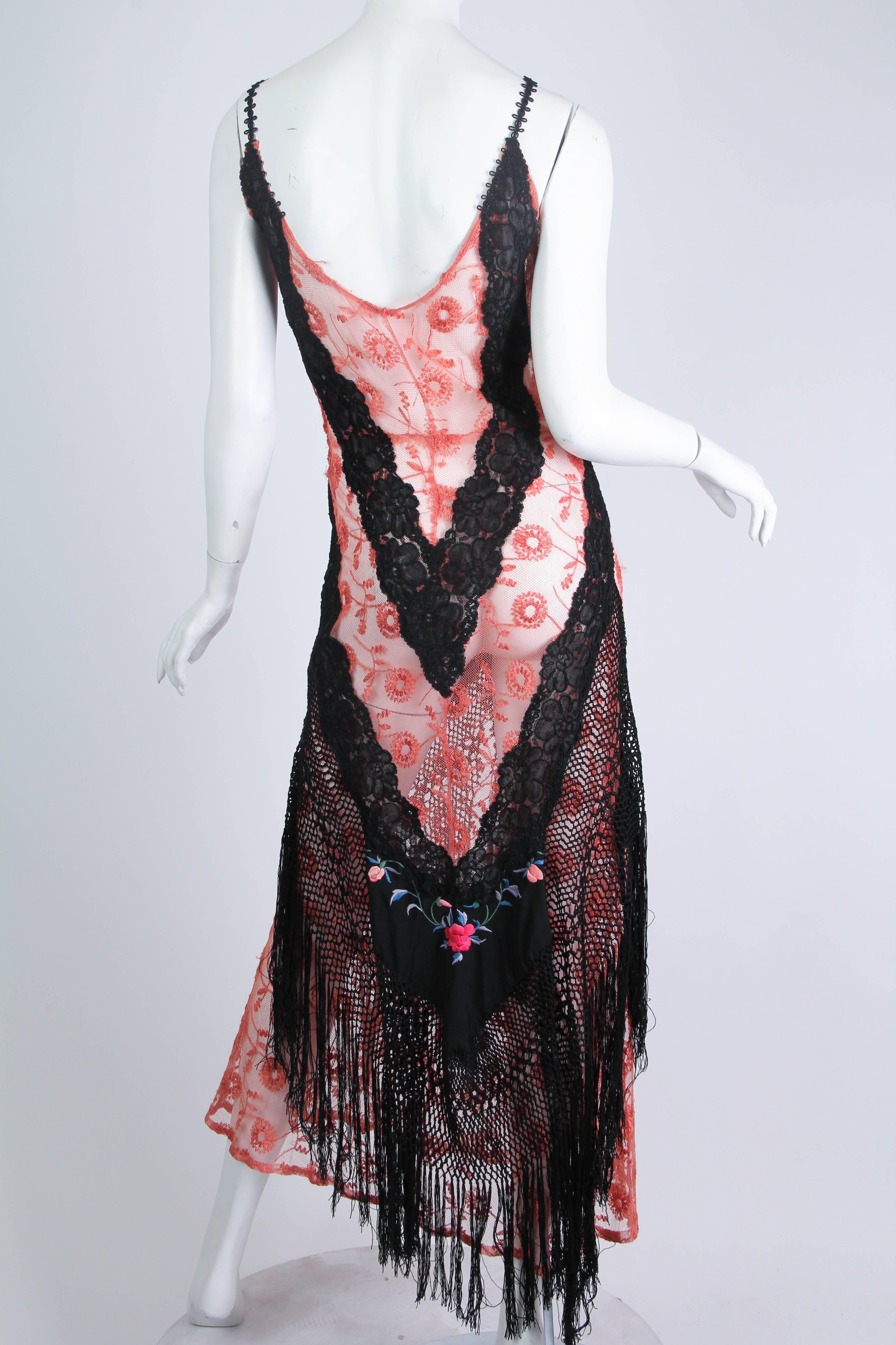 Women's 1930s Bias Cut Silk Net Lace Dress Re-Built with Chinese Embroidery and Fringe