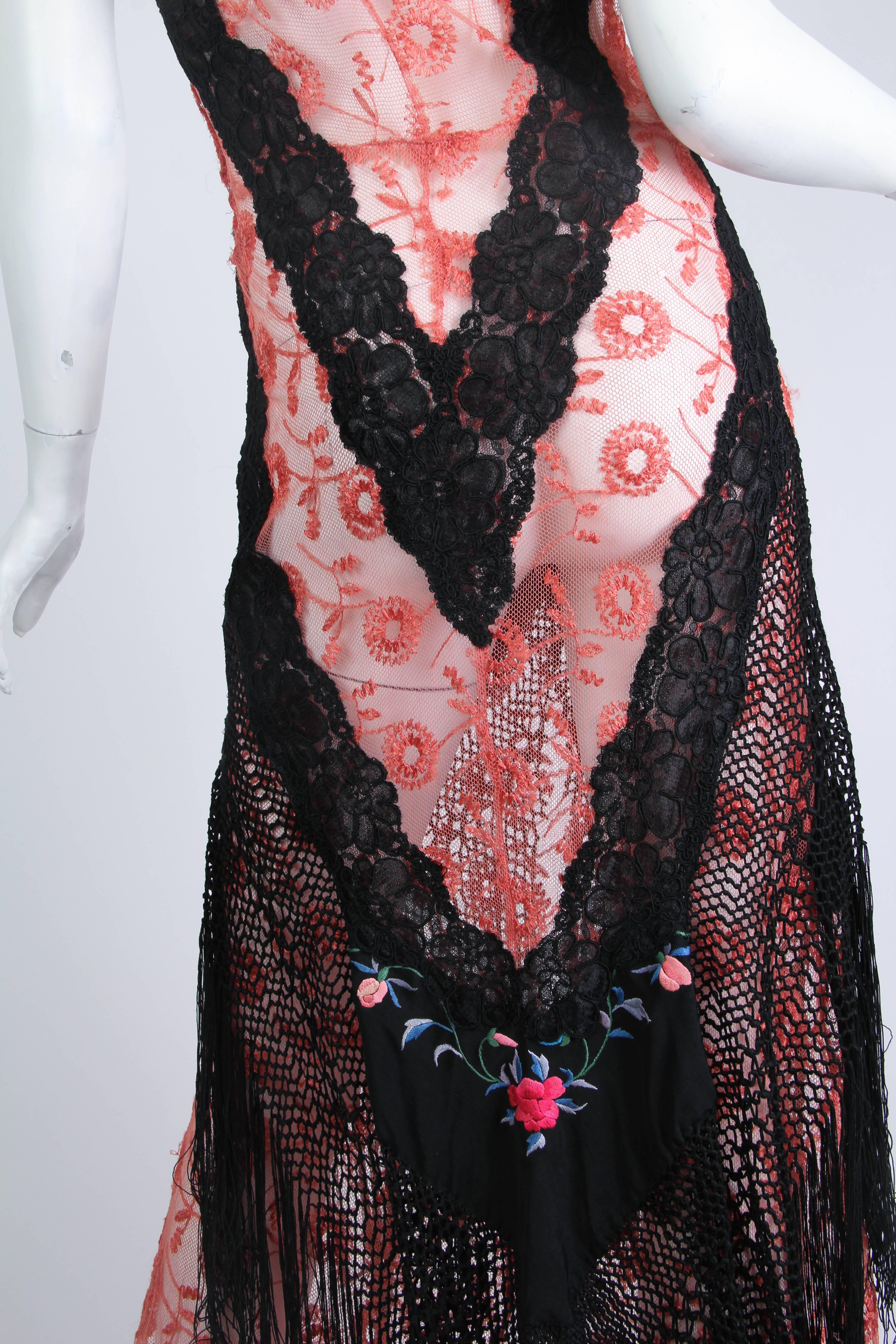 1930s Bias Cut Silk Net Lace Dress Re-Built with Chinese Embroidery and Fringe 3