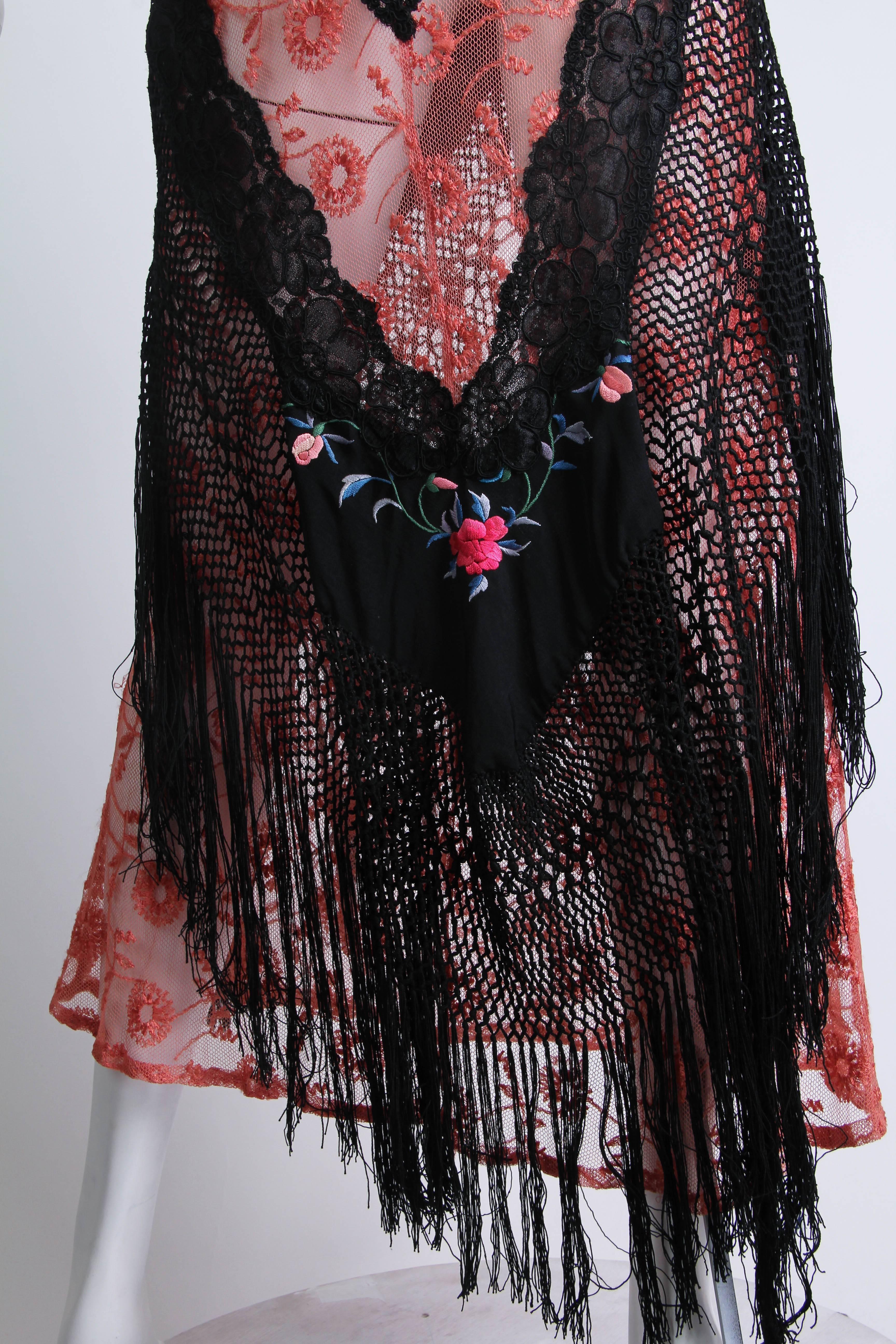 1930s Bias Cut Silk Net Lace Dress Re-Built with Chinese Embroidery and Fringe 4