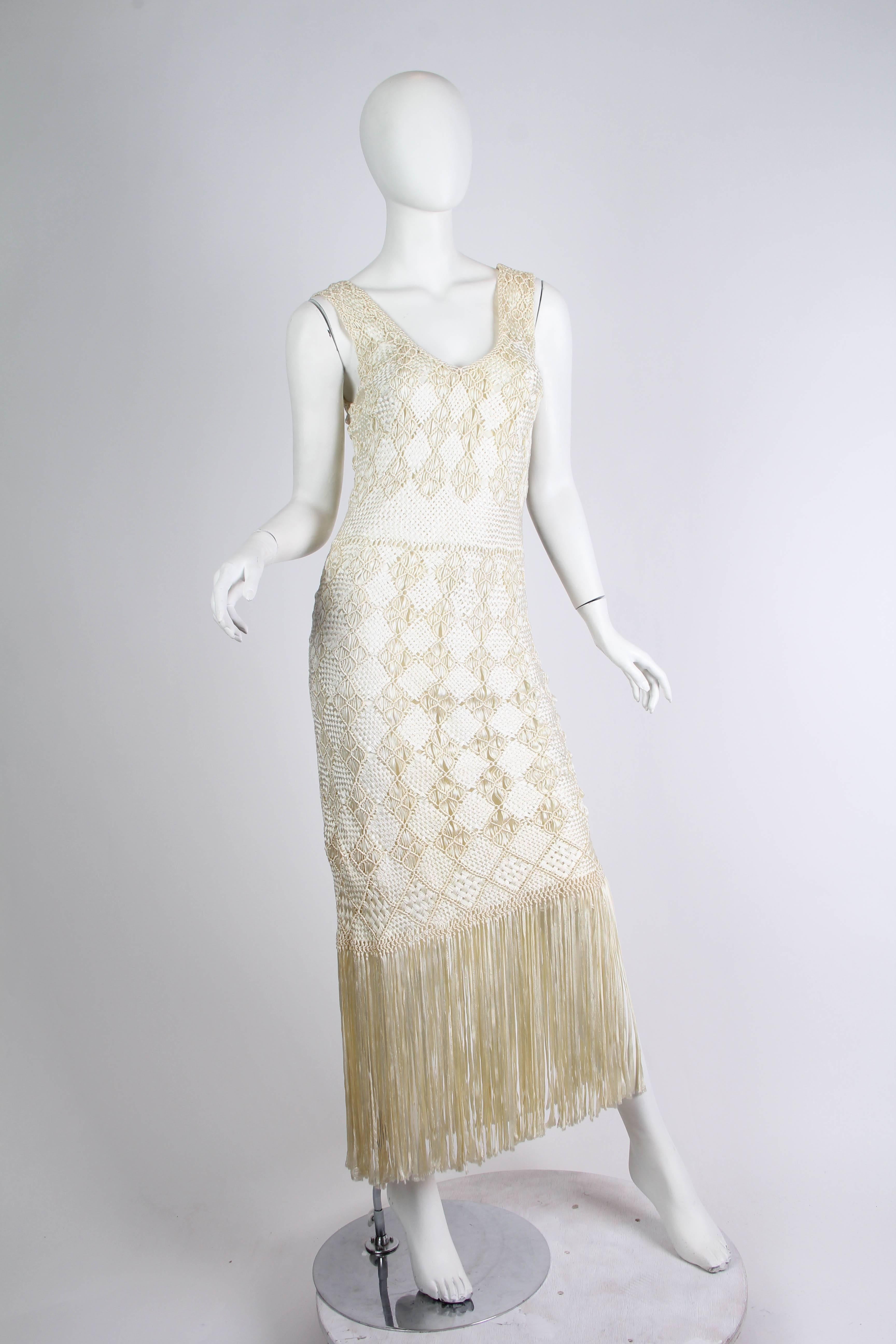Women's 1970s Hand Knotted Ribbon Crochet Dress with Fringed Hem