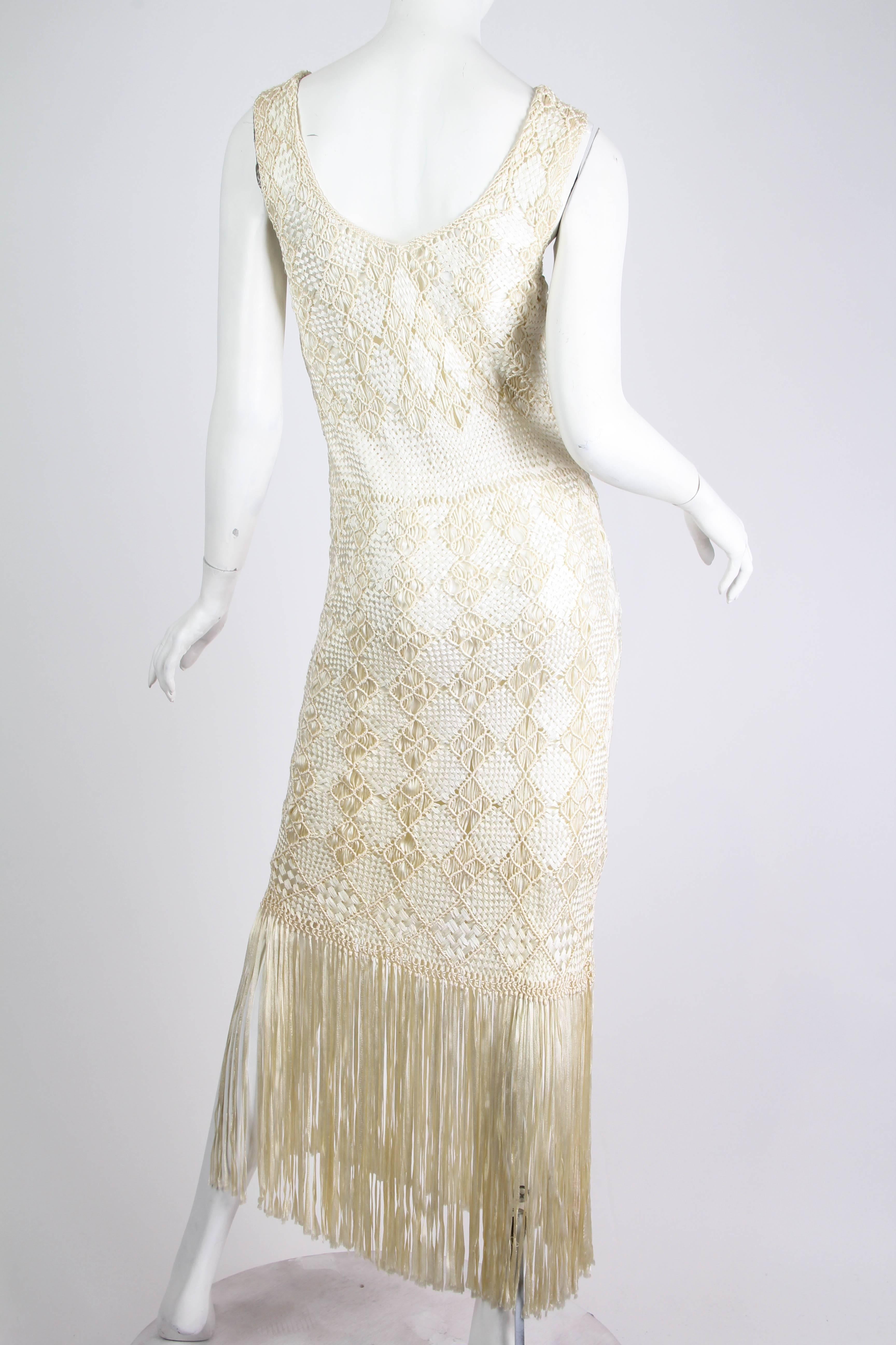 Beige 1970s Hand Knotted Ribbon Crochet Dress with Fringed Hem