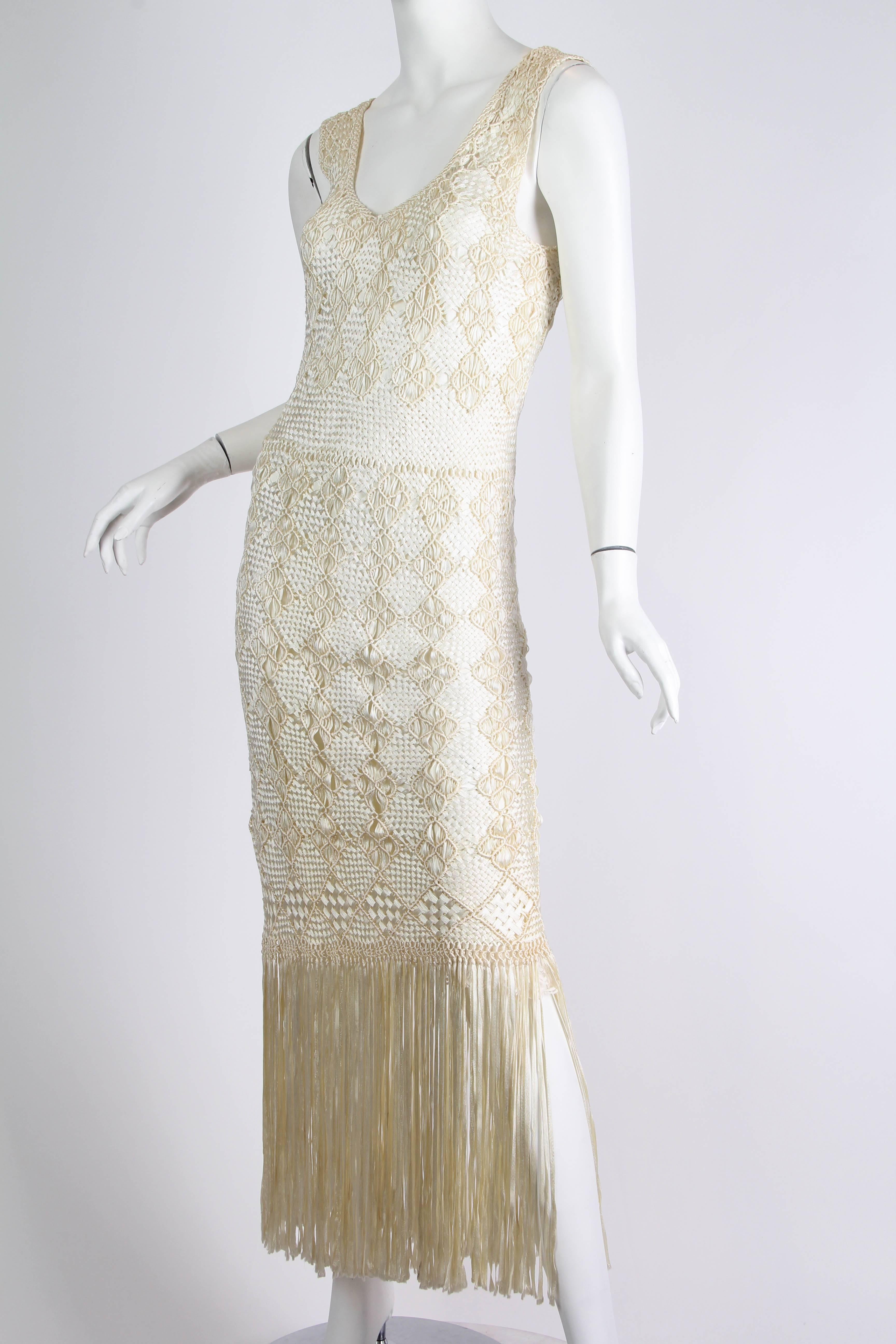 1970s Hand Knotted Ribbon Crochet Dress with Fringed Hem In Excellent Condition In New York, NY