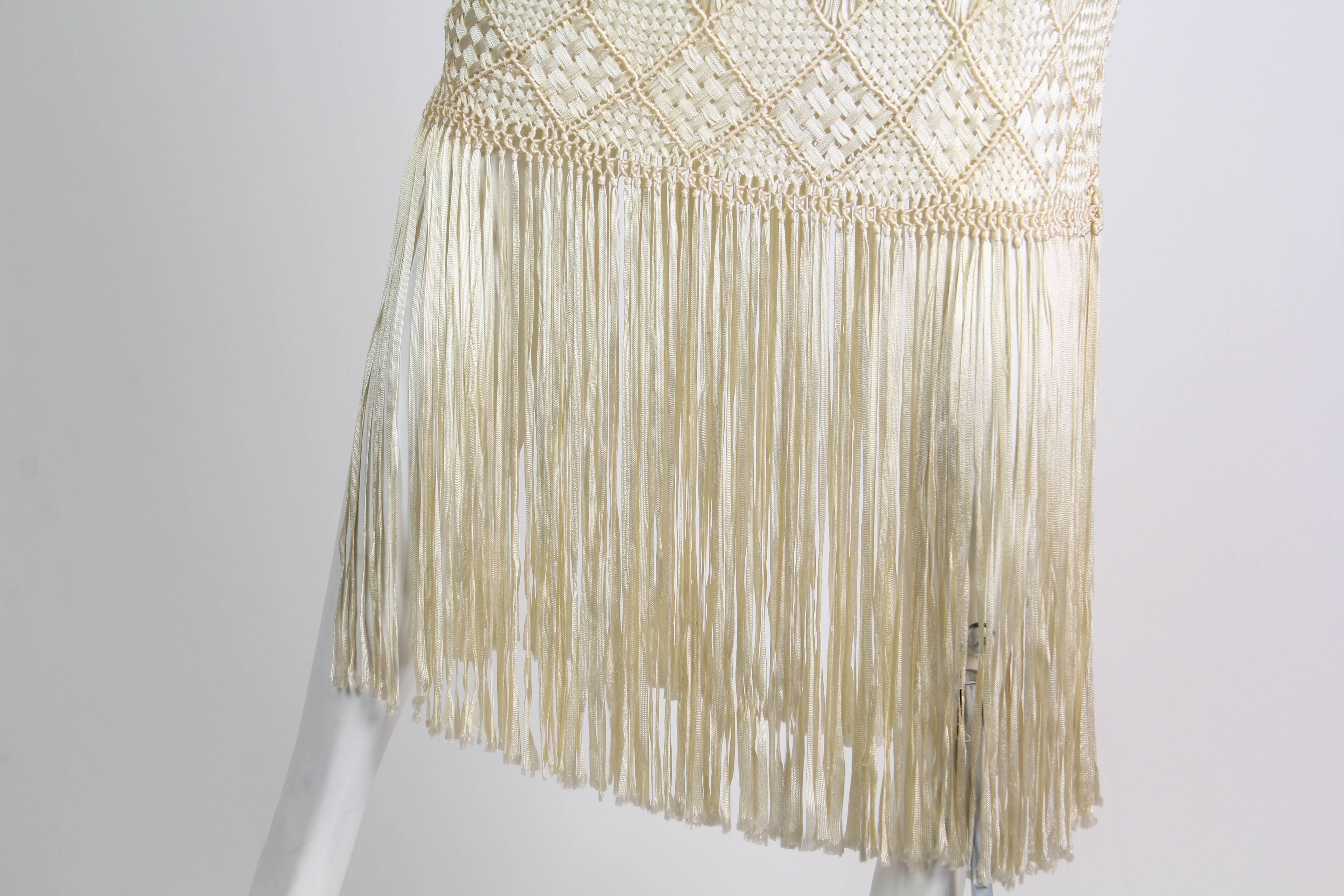 1970s Hand Knotted Ribbon Crochet Dress with Fringed Hem 1