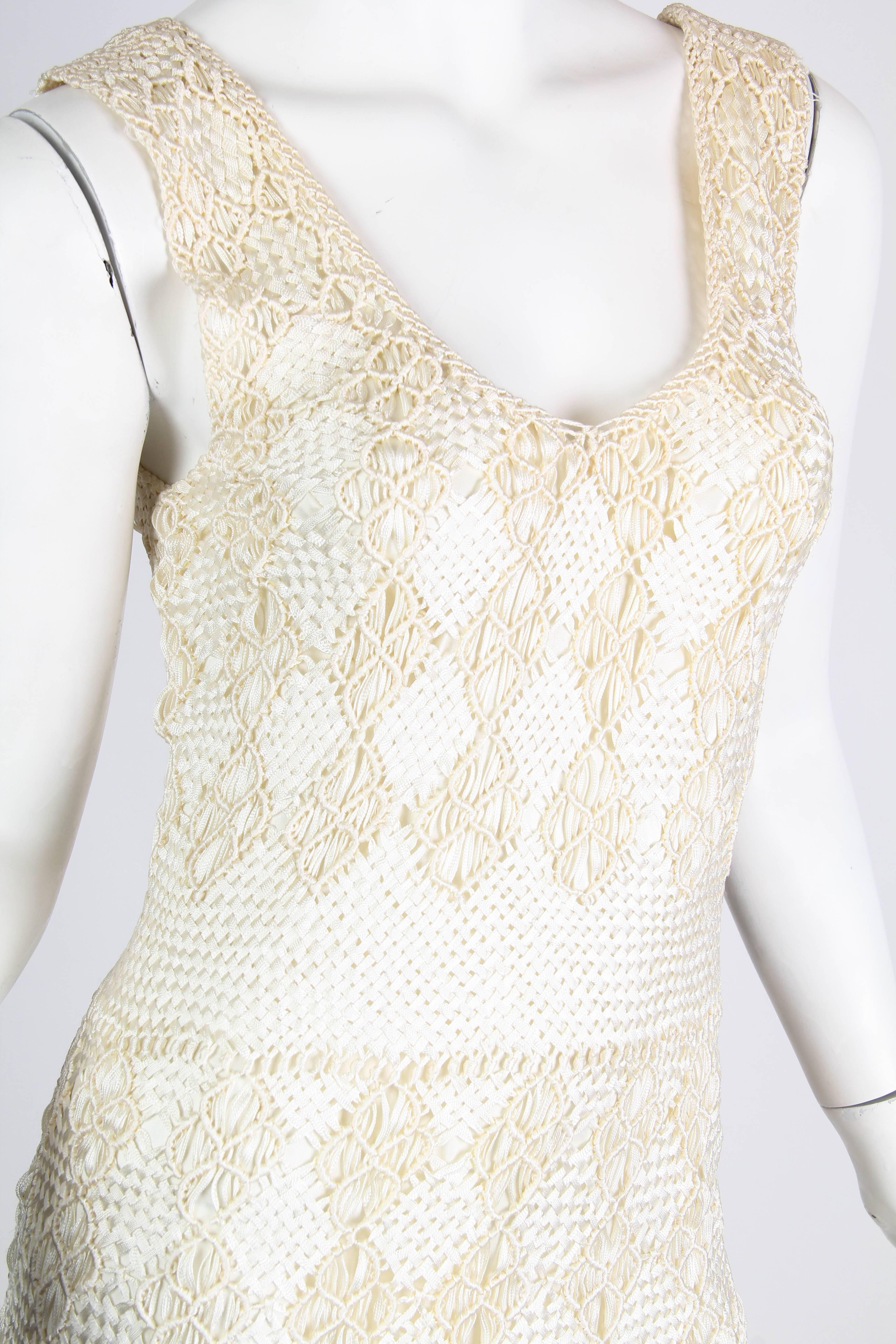 1970s Hand Knotted Ribbon Crochet Dress with Fringed Hem 2