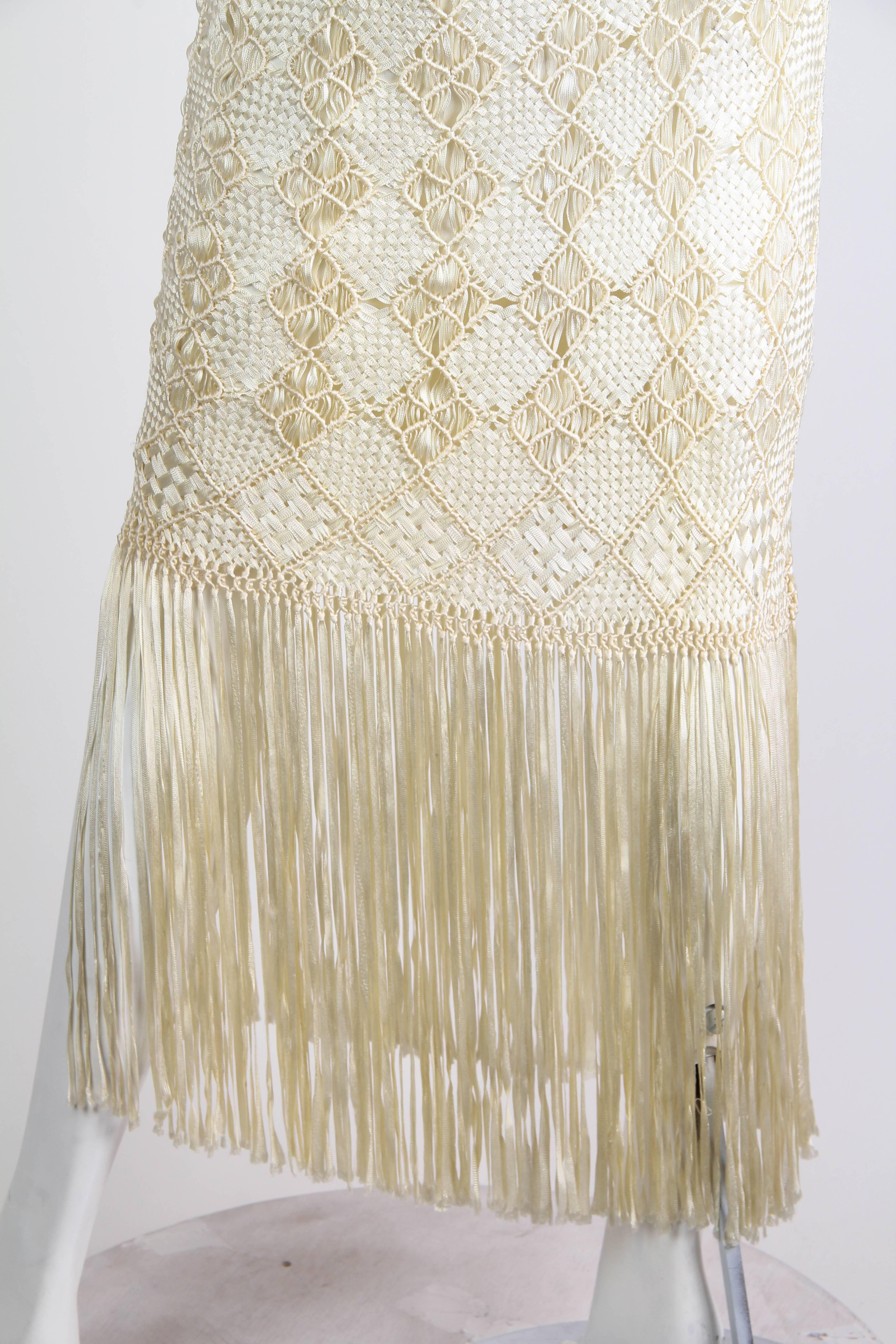 1970s Hand Knotted Ribbon Crochet Dress with Fringed Hem 3