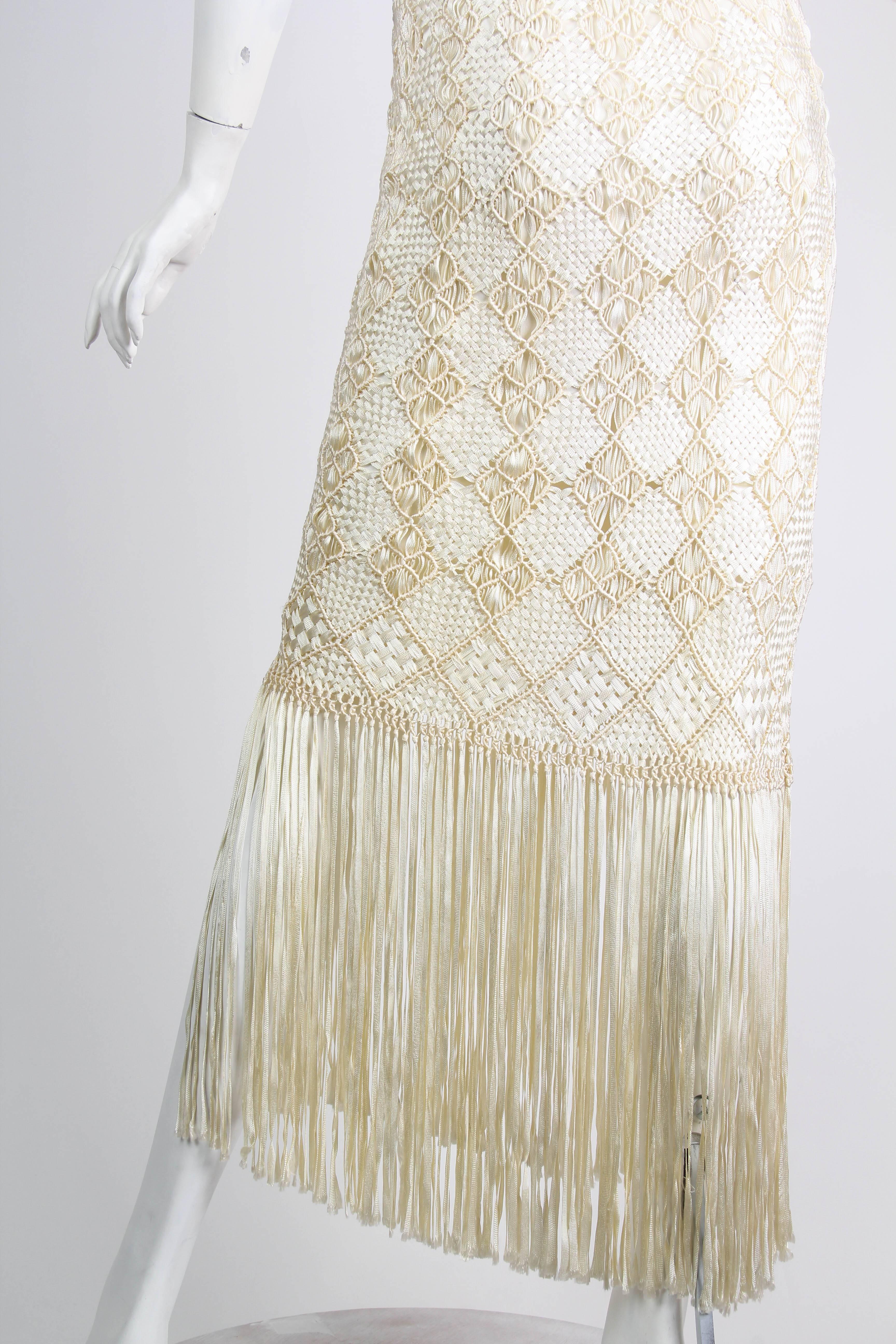 1970s Hand Knotted Ribbon Crochet Dress with Fringed Hem 4
