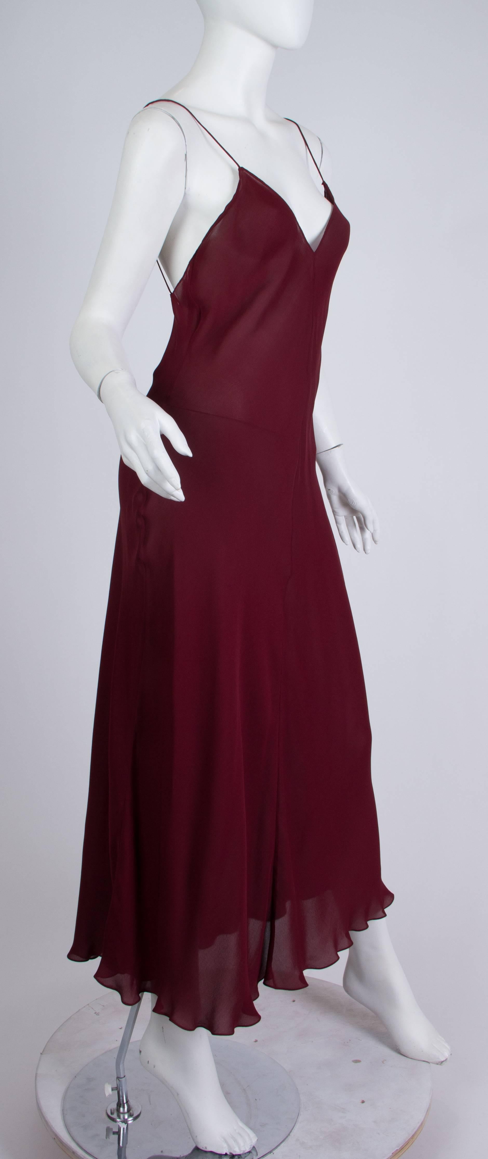 1990S DONNA KARAN Burgundy Bias Cut Silk Chiffon Slip Dress In Excellent Condition In New York, NY