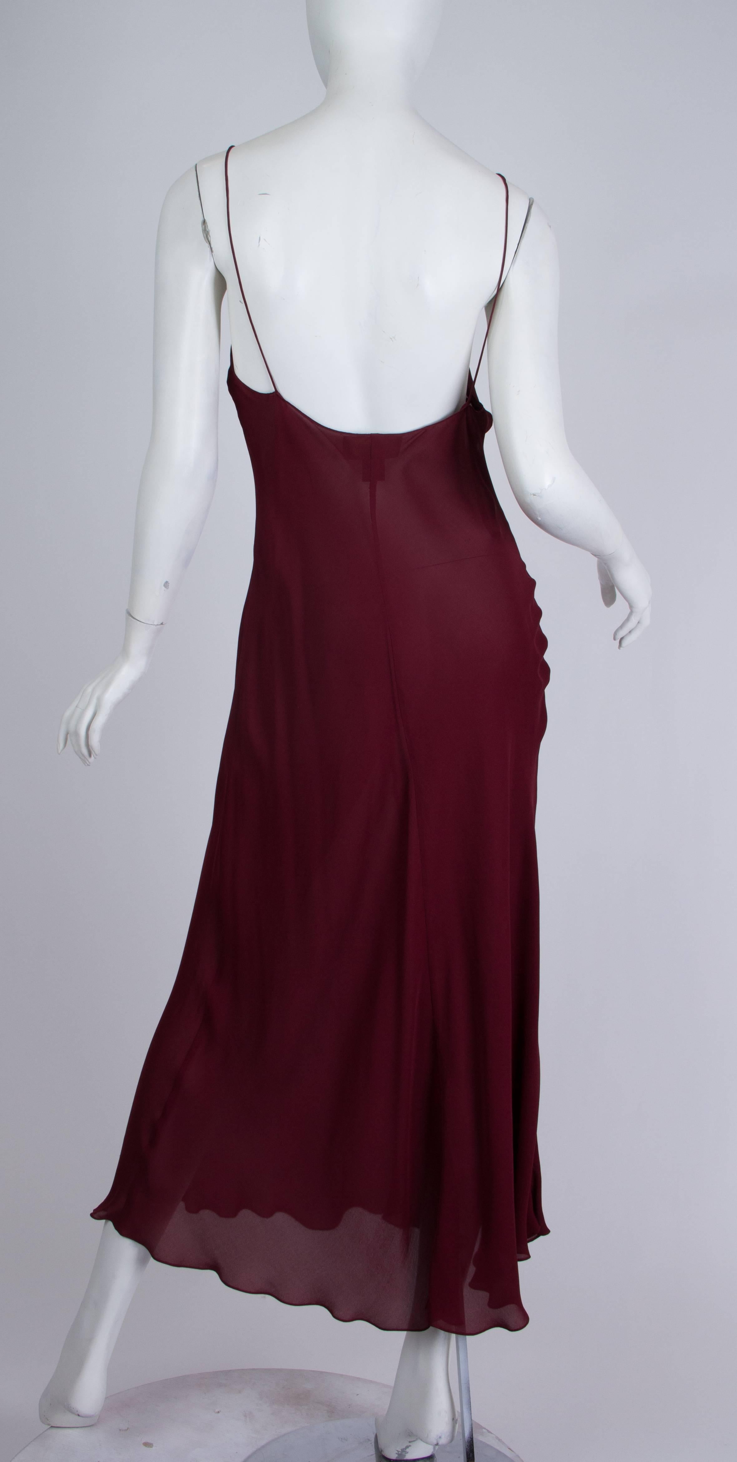 Women's 1990S DONNA KARAN Burgundy Bias Cut Silk Chiffon Slip Dress