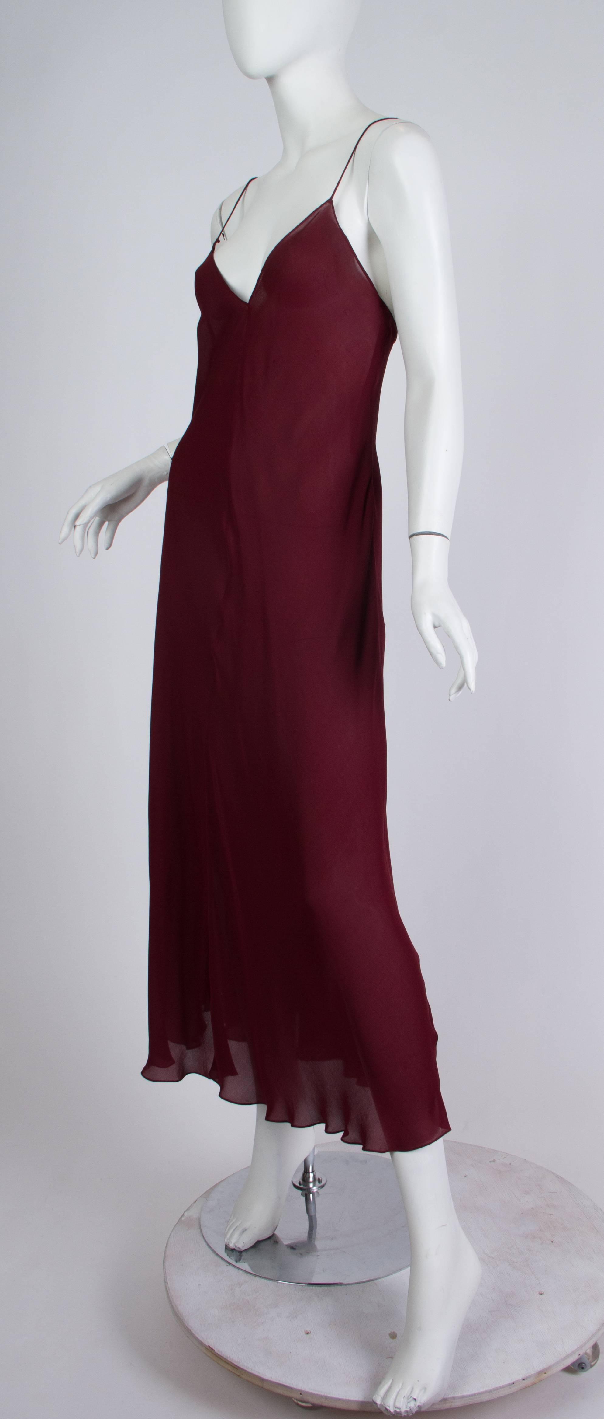 1990S DONNA KARAN Burgundy Bias Cut Silk Chiffon Slip Dress 2