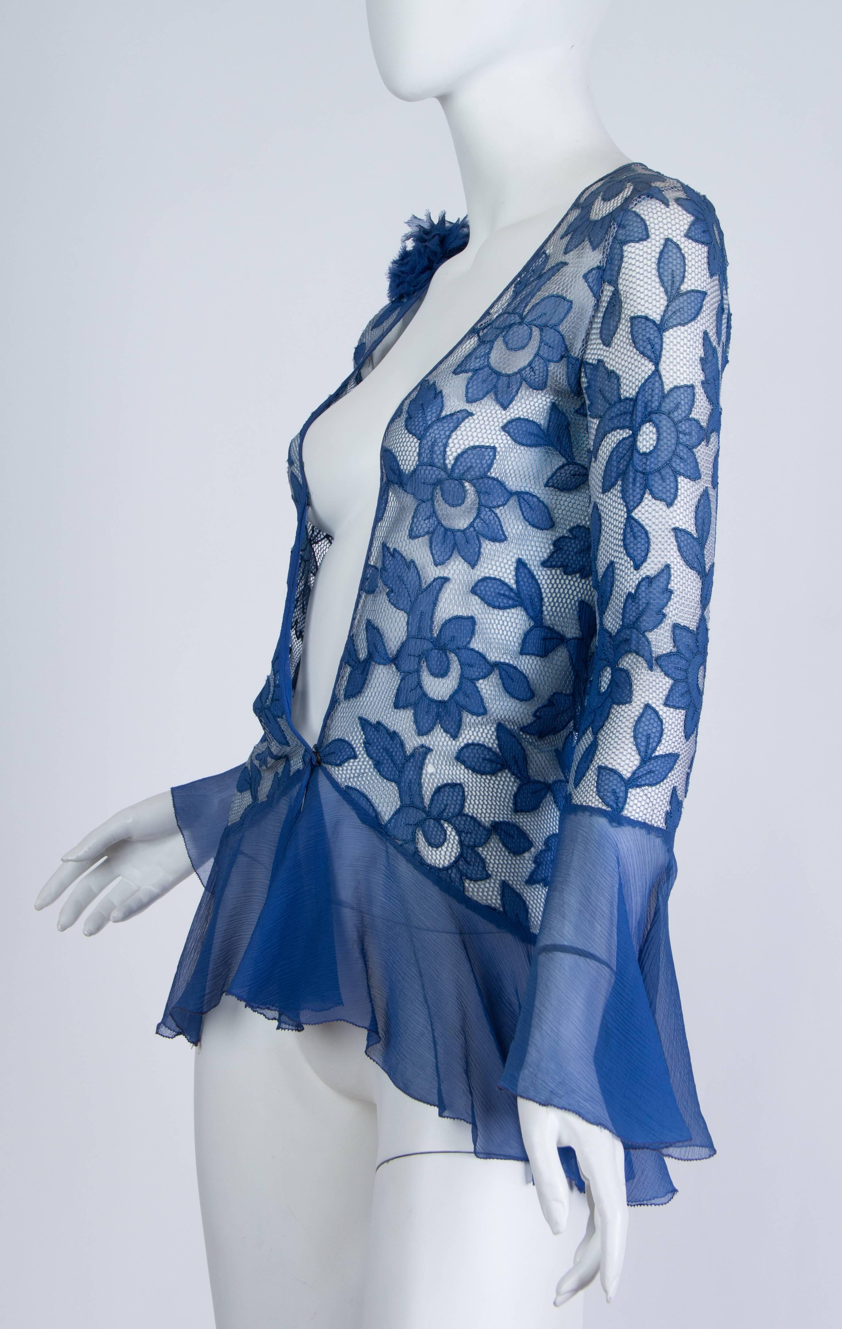 Women's 1920S Blue Floral Silk Chiffon Appliqué On Net Flutter Sleeve Jacket & Dress En