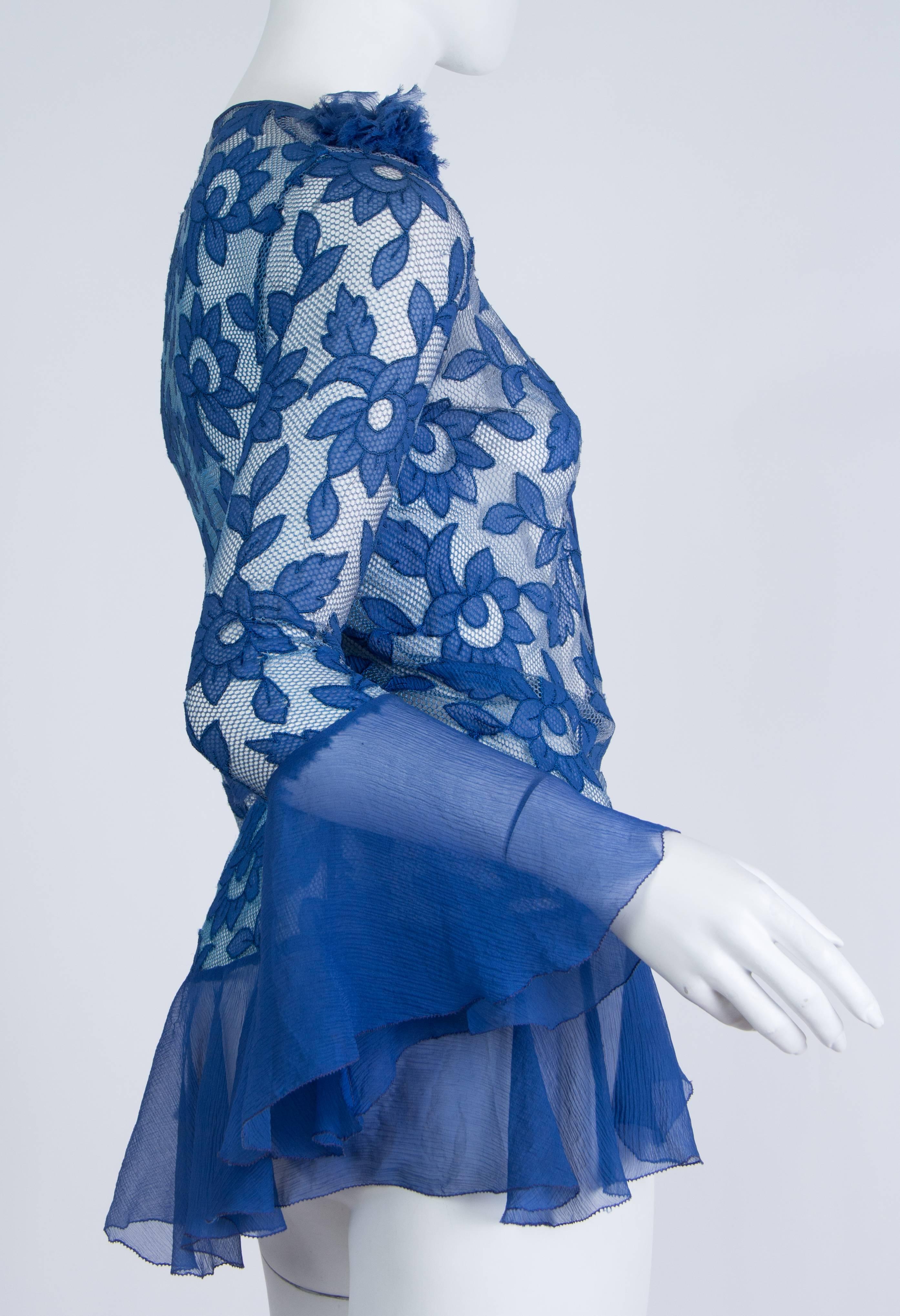 1920S Blue Floral Silk Chiffon Appliqué On Net Flutter Sleeve Jacket & Dress En In Excellent Condition In New York, NY