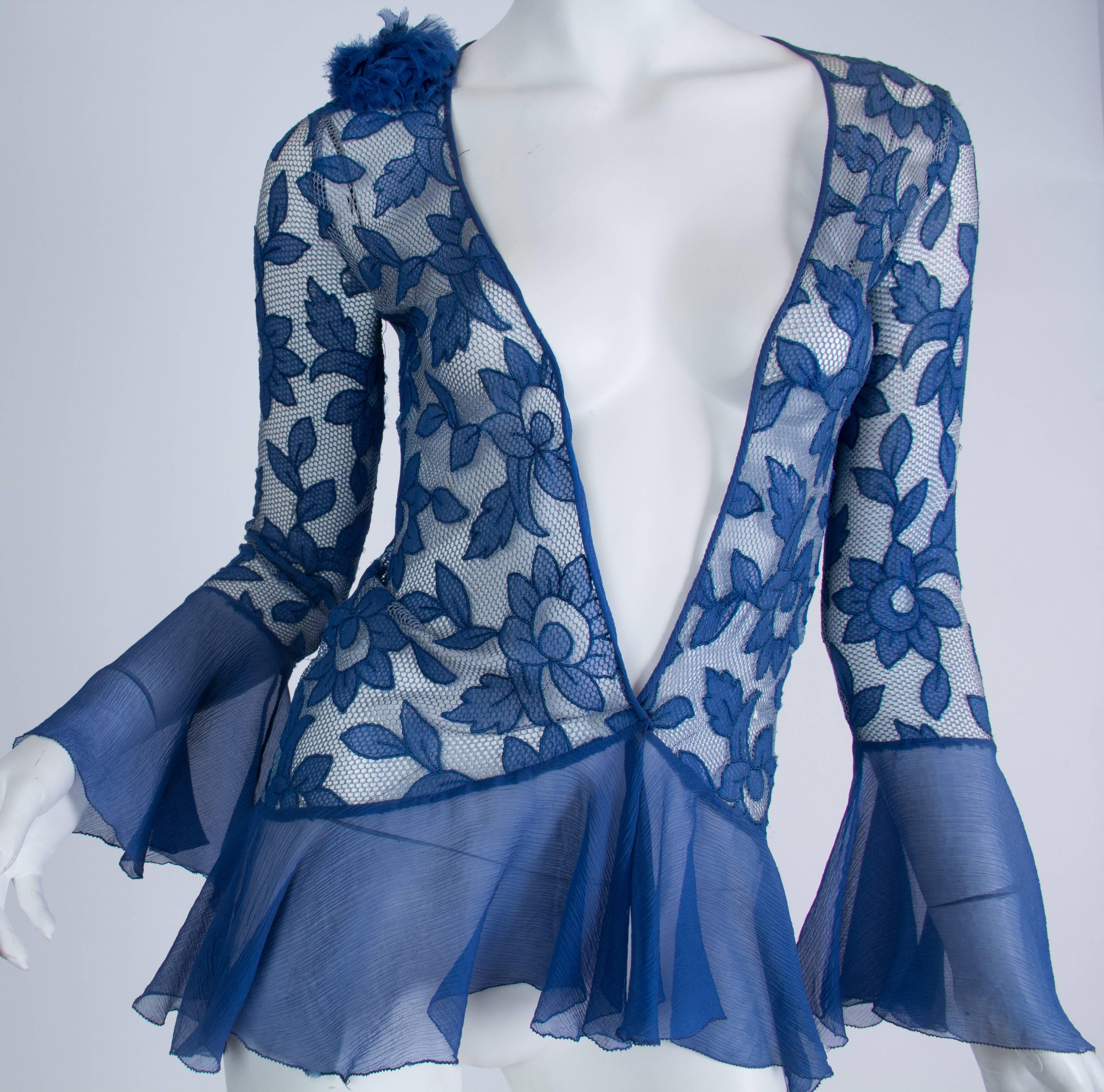 1920S Blue Floral Silk Chiffon Appliqué On Net Flutter Sleeve Jacket & Dress En 2