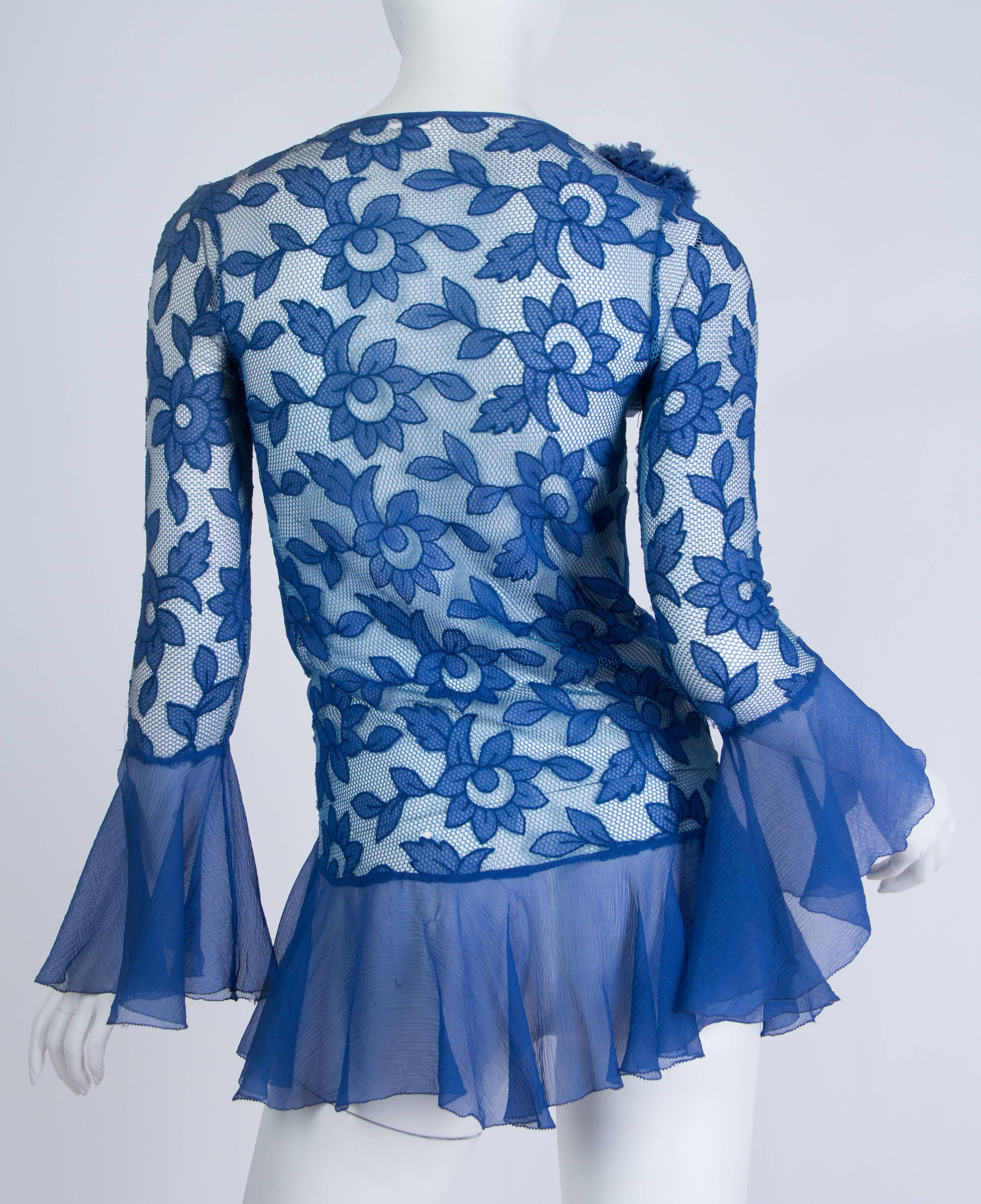 1920S Blue Floral Silk Chiffon Appliqué On Net Flutter Sleeve Jacket & Dress En 1