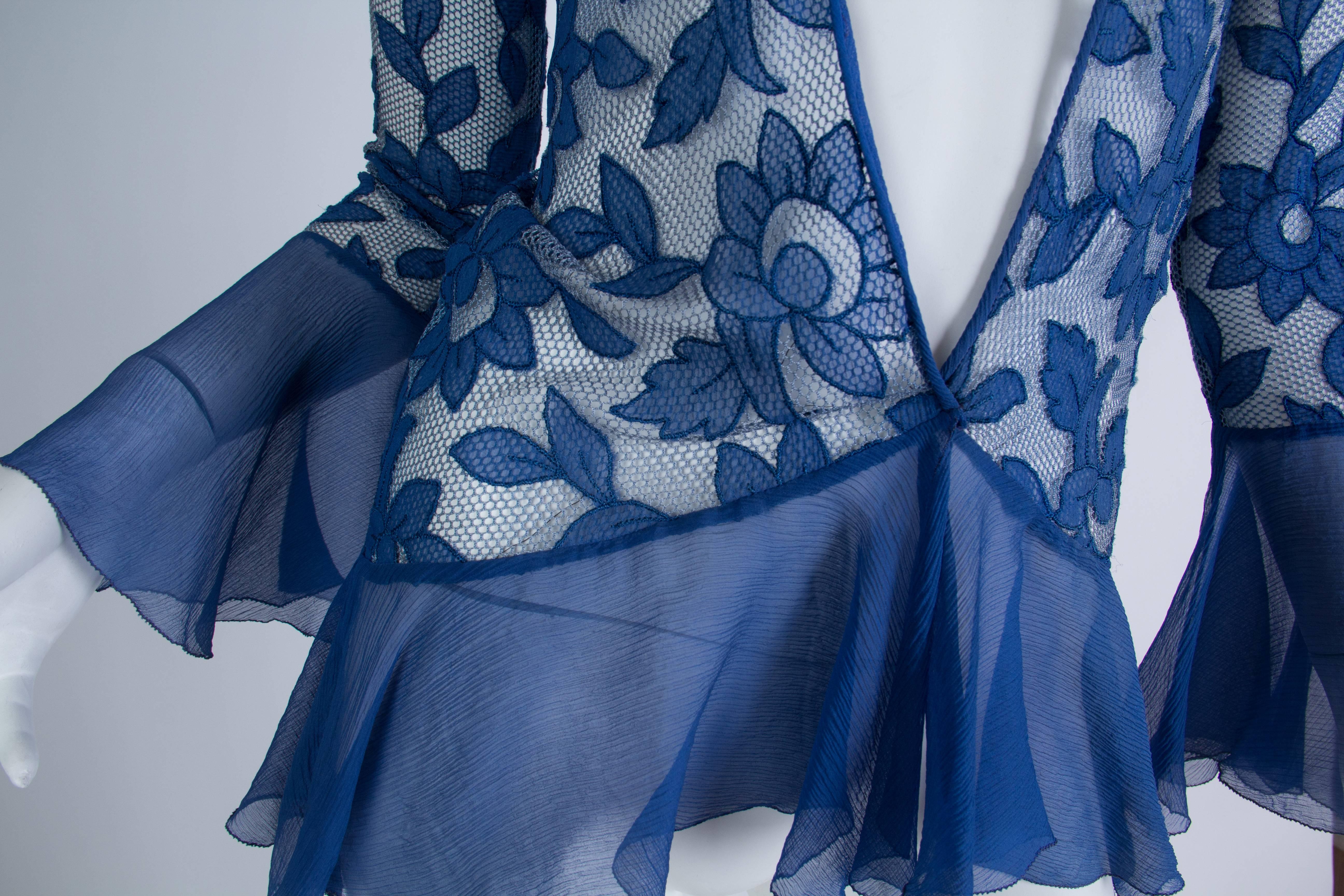1920S Blue Floral Silk Chiffon Appliqué On Net Flutter Sleeve Jacket & Dress En 3