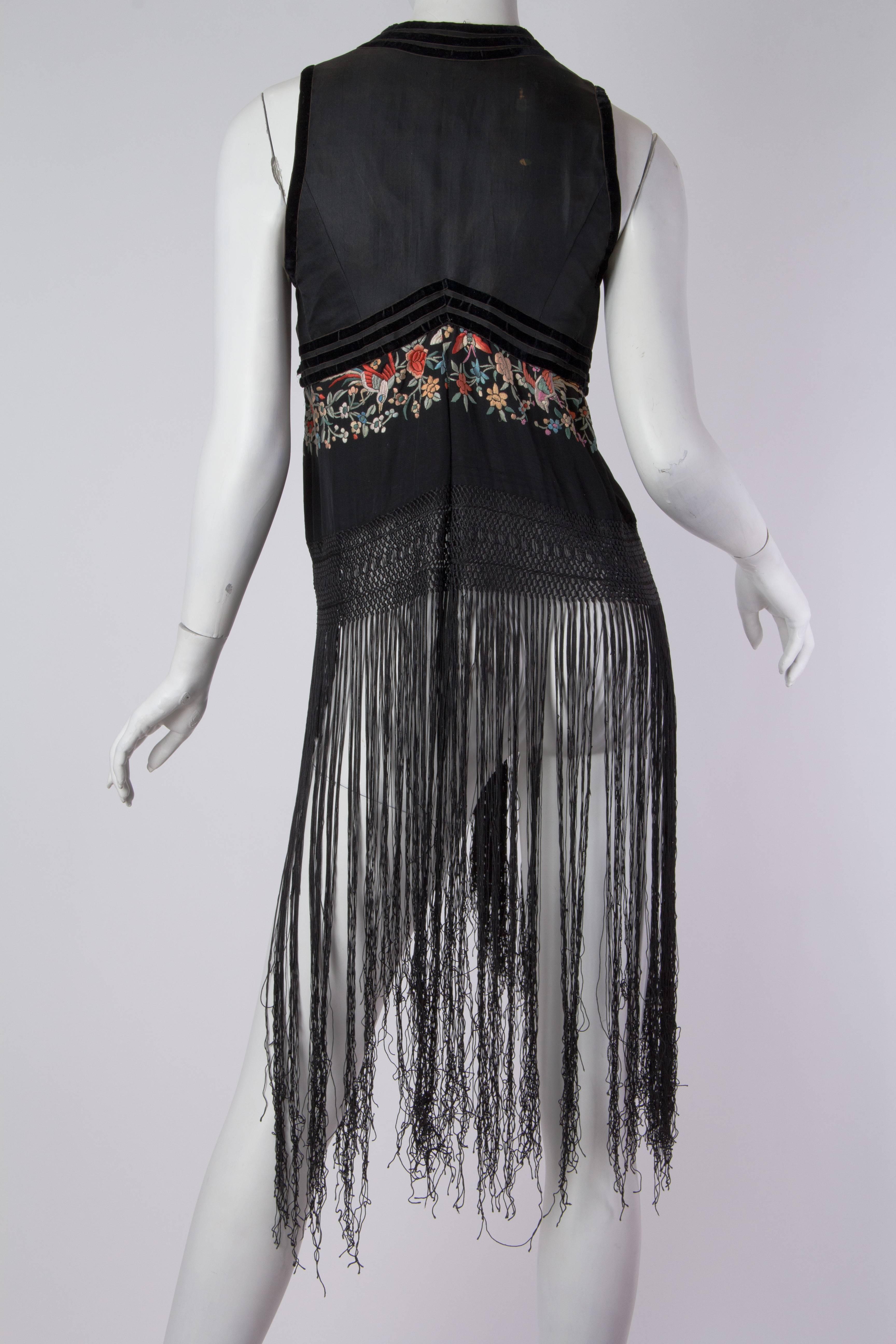MORPHEW COLLECTION Black Silk Antique Vest With Chinese Embroidery & Hand-Knott For Sale 1