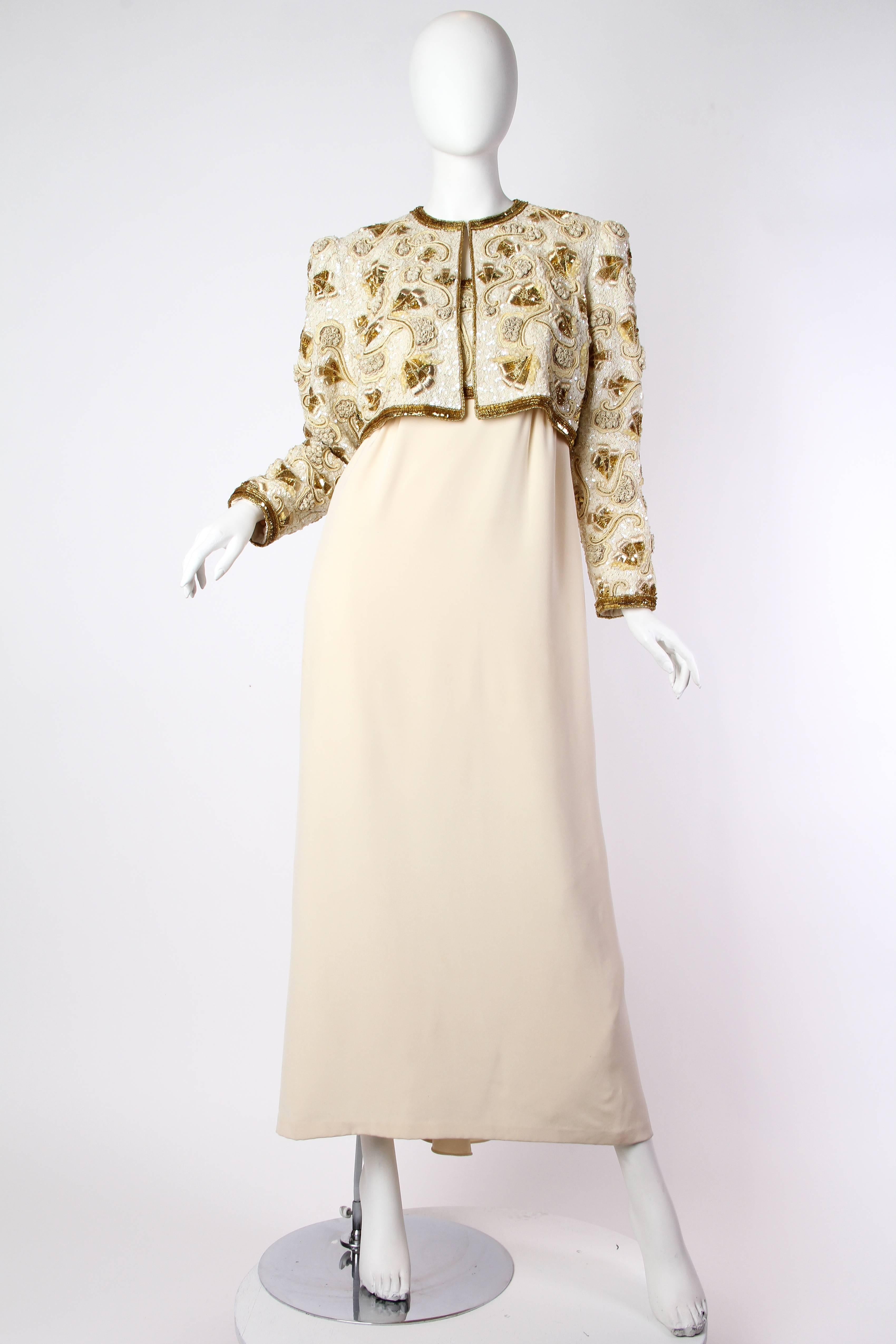 1980S KLEINFELD Elfenbein & Gold Seide Faille Hand Perlen und bestickt Kleid mit passender Jacke