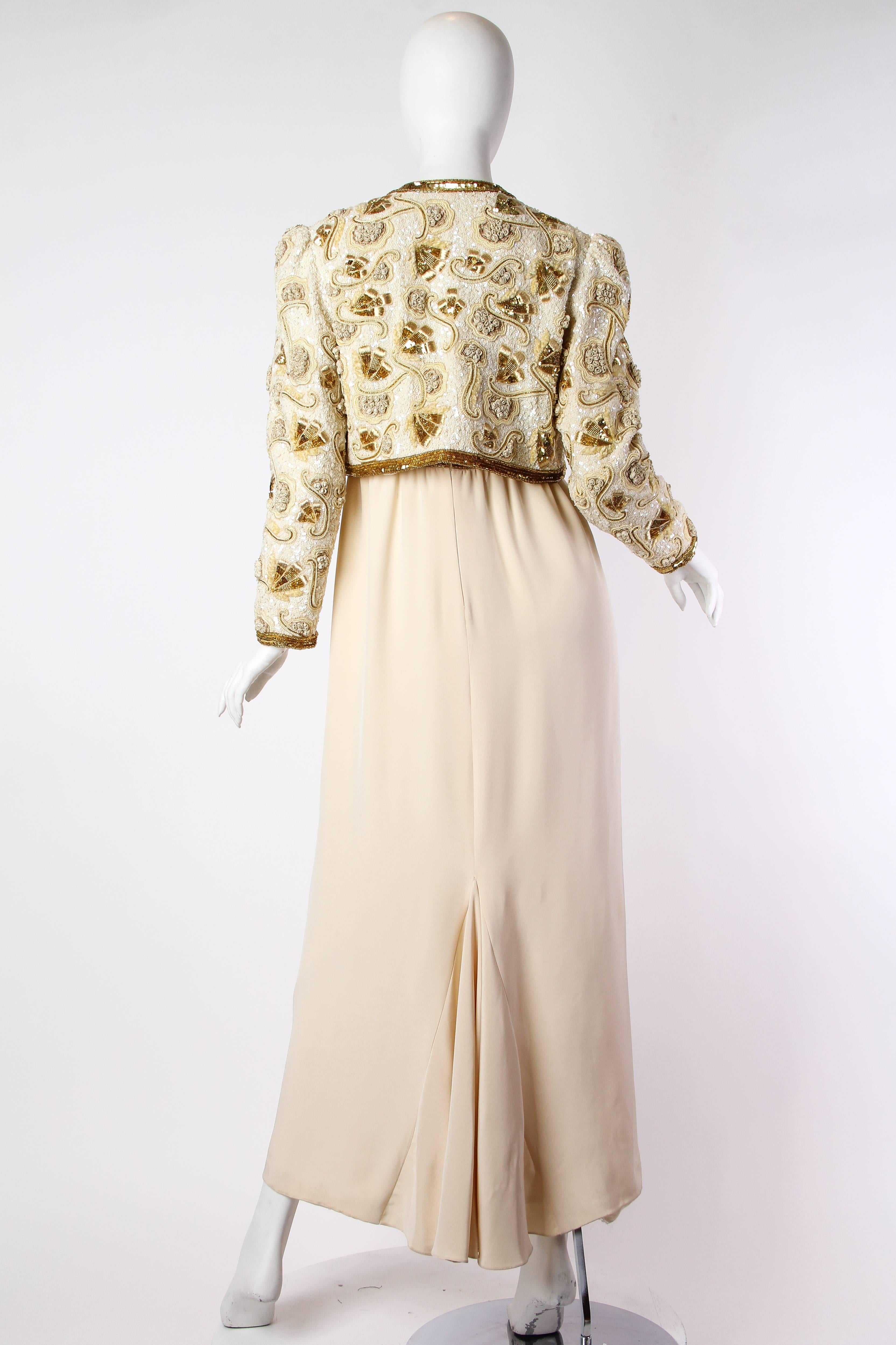 Women's 1980S KLEINFELD Ivory & Gold Silk Faille Hand Beaded And Embroidered Gown With  For Sale