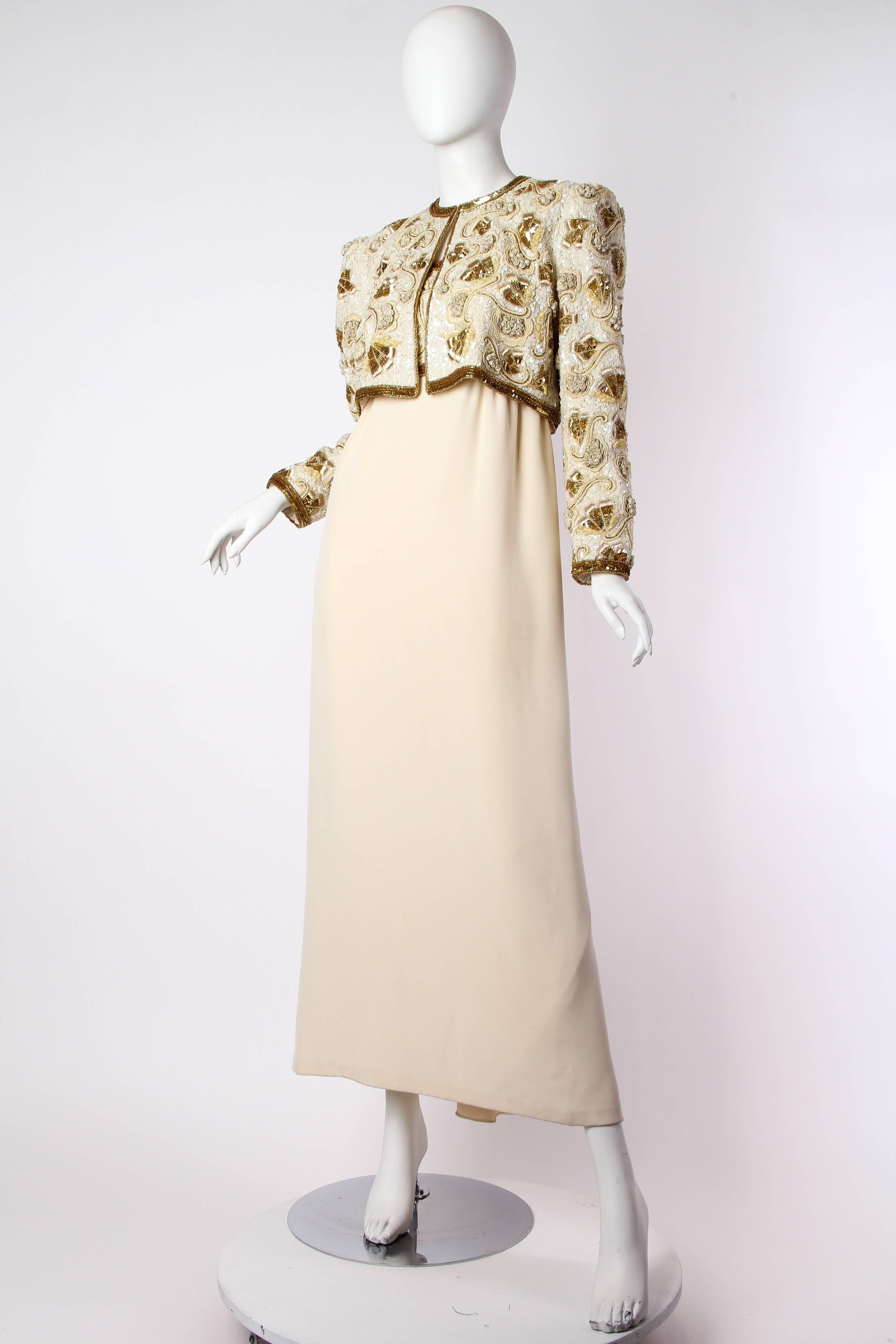 1980S KLEINFELD Ivory & Gold Silk Faille Hand Beaded And Embroidered Gown With  In Excellent Condition For Sale In New York, NY