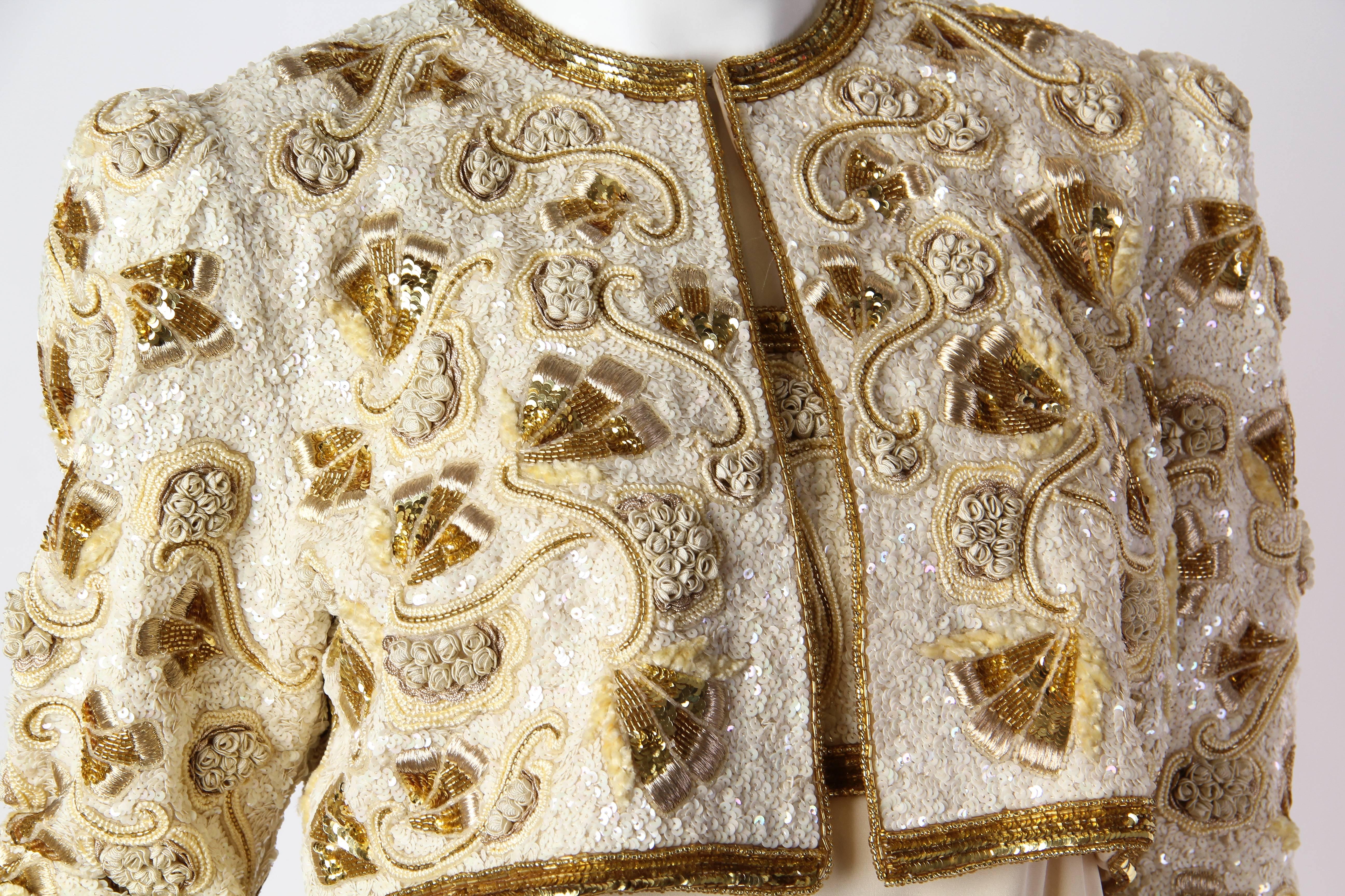 1980S KLEINFELD Ivory & Gold Silk Faille Hand Beaded And Embroidered Gown With For Sale 3