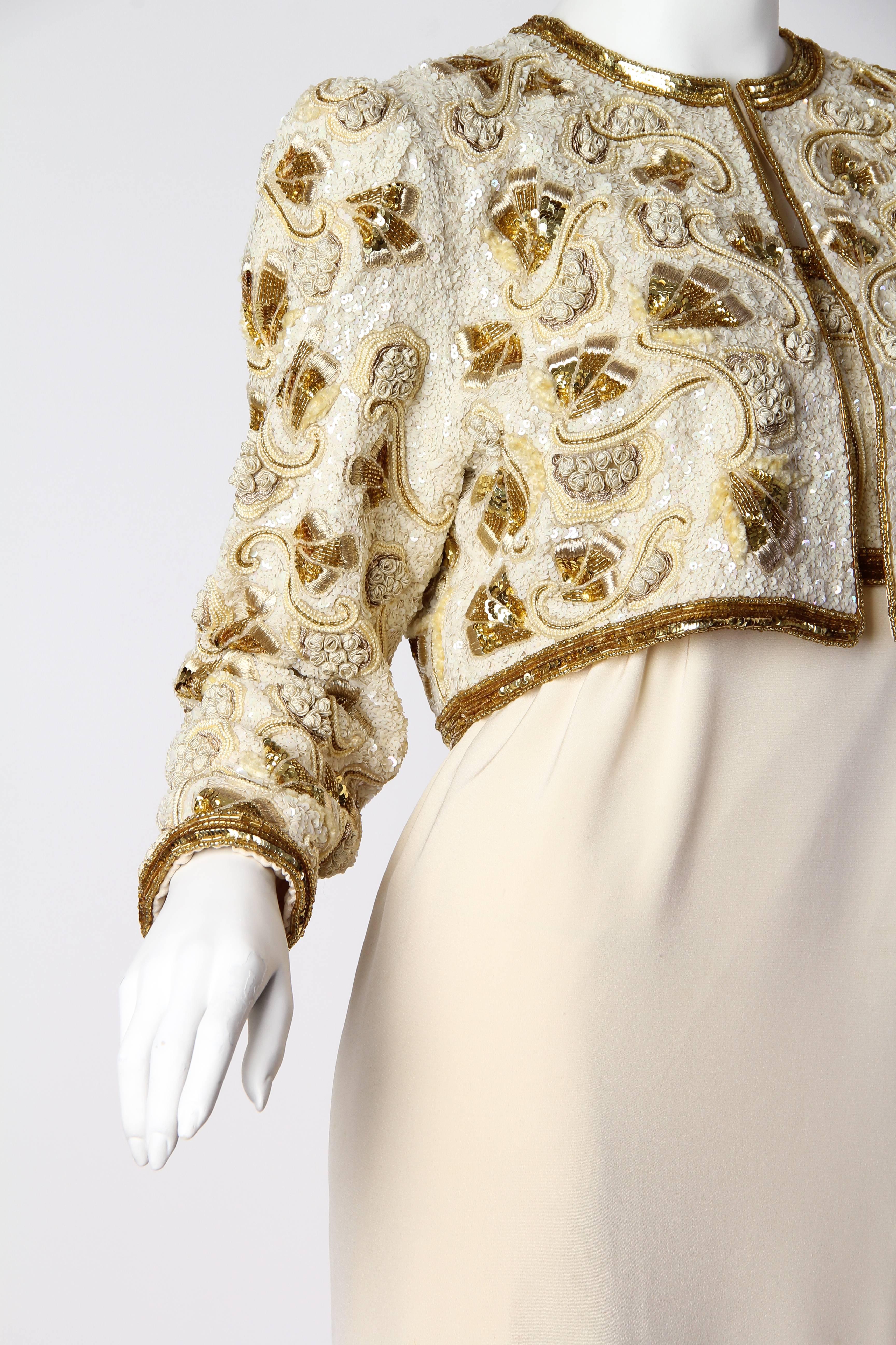 1980S KLEINFELD Ivory & Gold Silk Faille Hand Beaded And Embroidered Gown With  For Sale 2