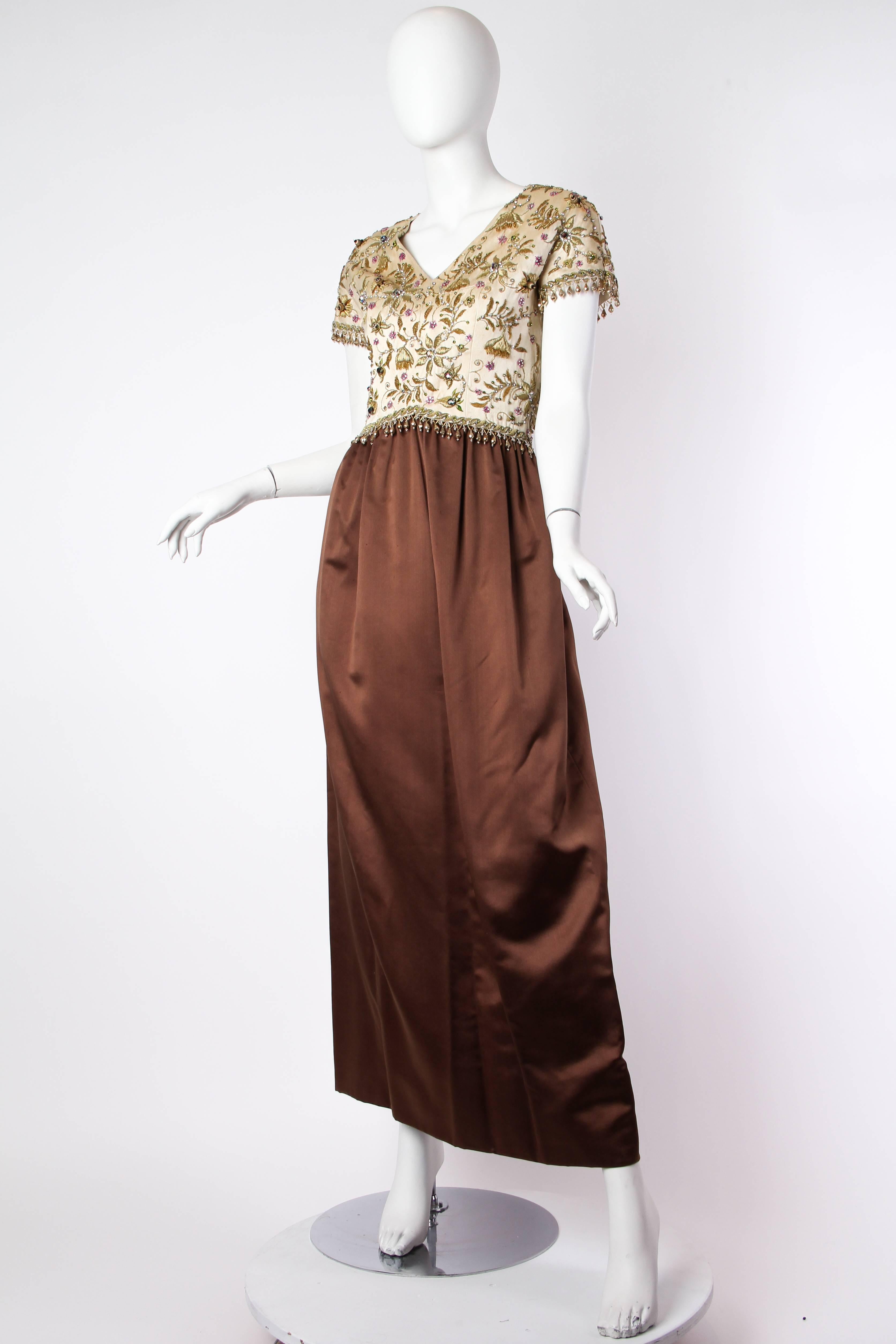 Women's 1950S BALENCIAGA Style Ivory & Brown Silk Duchess Satin Gown With Elaborate Gol For Sale