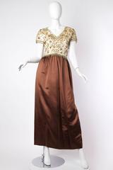 1950S BALENCIAGA Style Ivory & Brown Silk Duchess Satin Gown With Elaborate Gol