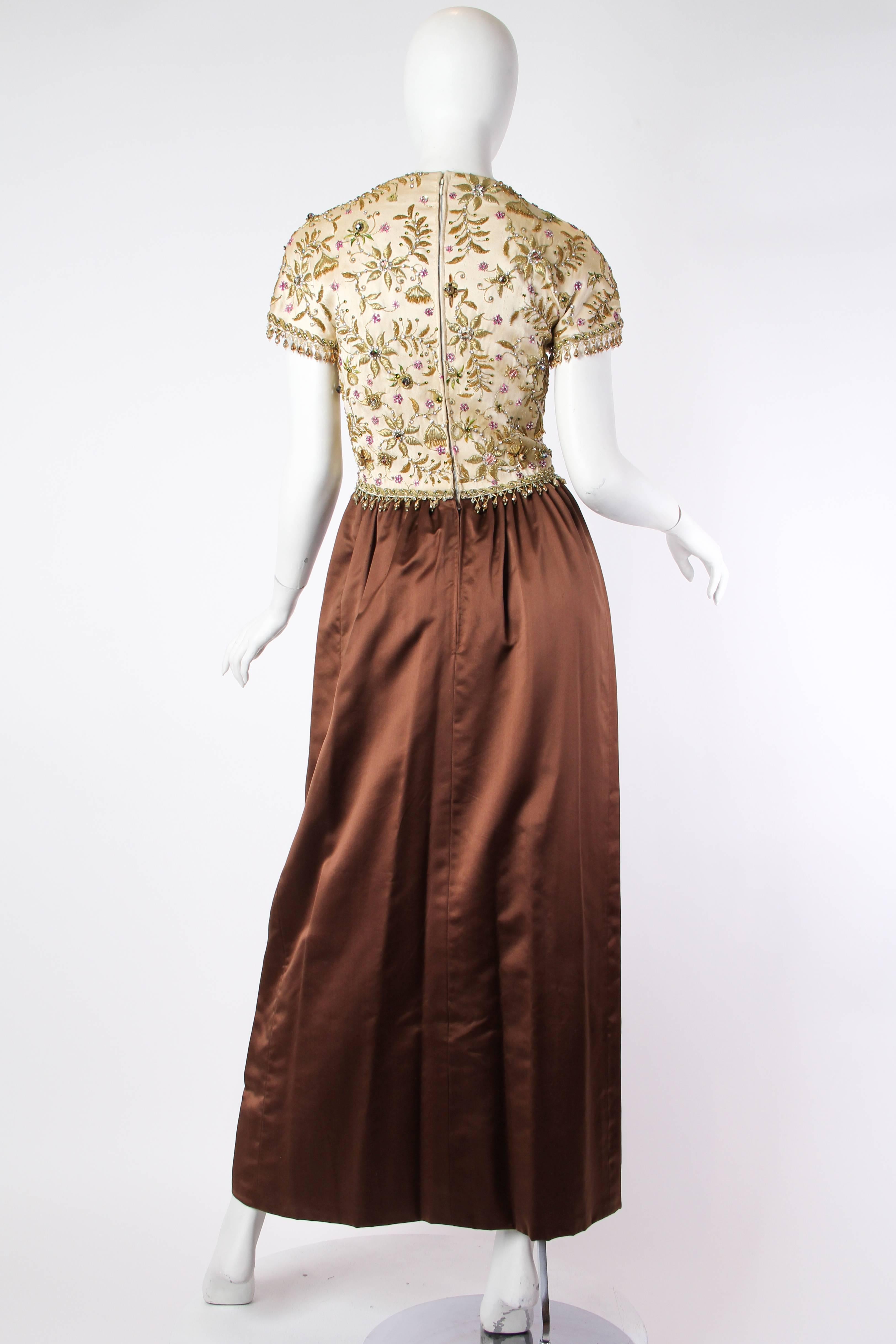 1950S BALENCIAGA Style Ivory & Brown Silk Duchess Satin Gown With Elaborate Gol For Sale 1
