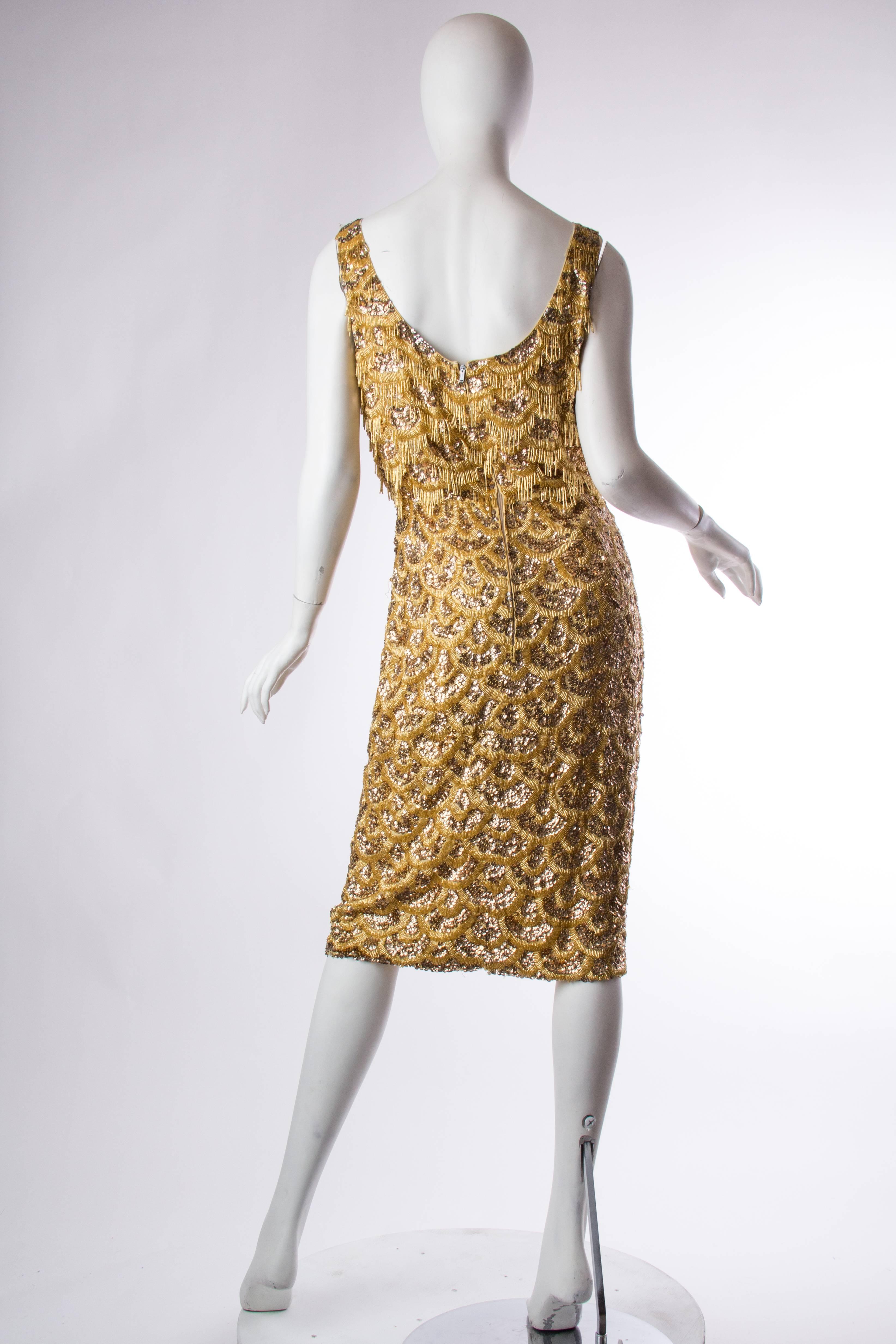 Brown Early 1960s Beaded Gold Fringe Bombshell Mermaid Dress