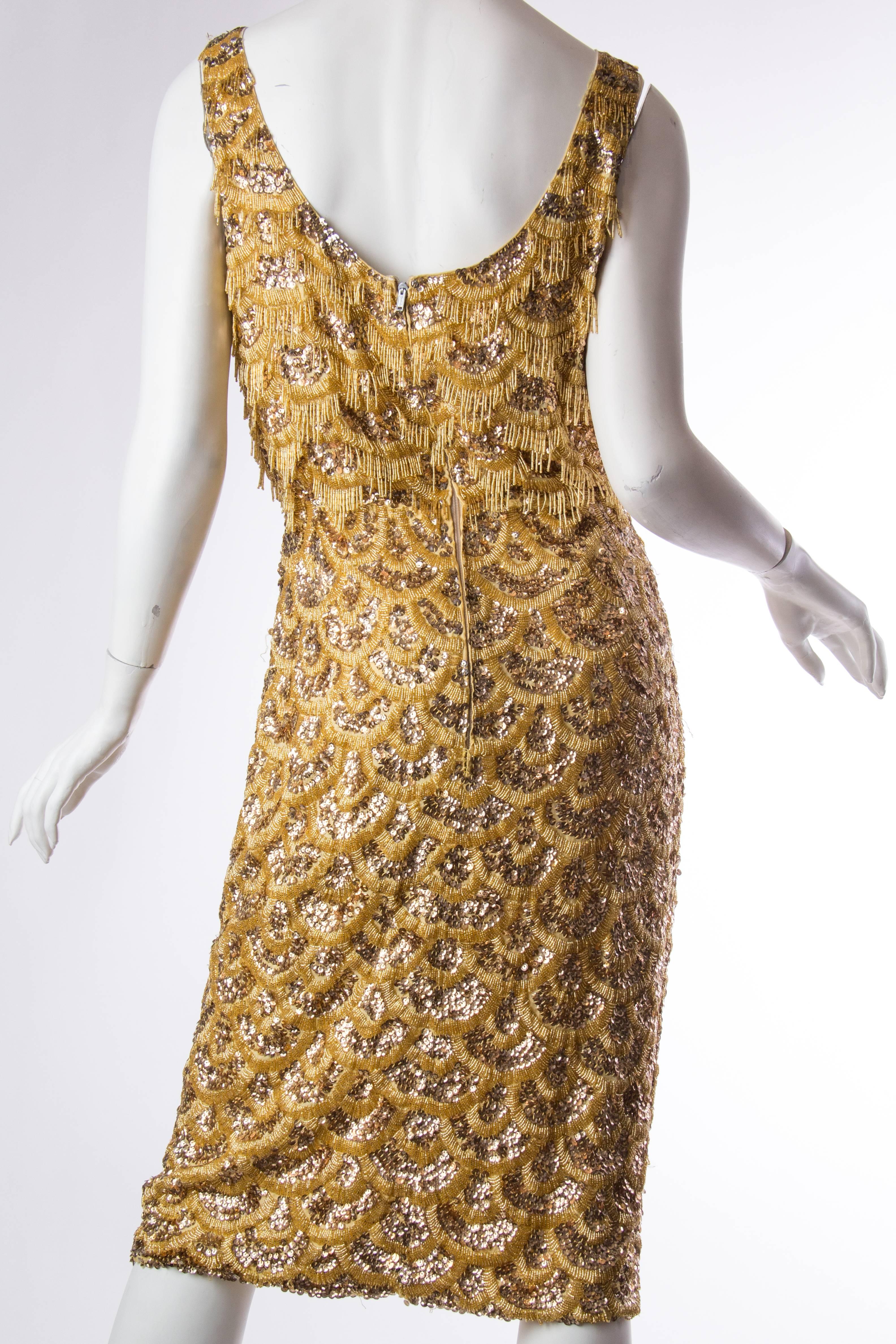 Early 1960s Beaded Gold Fringe Bombshell Mermaid Dress In Excellent Condition In New York, NY