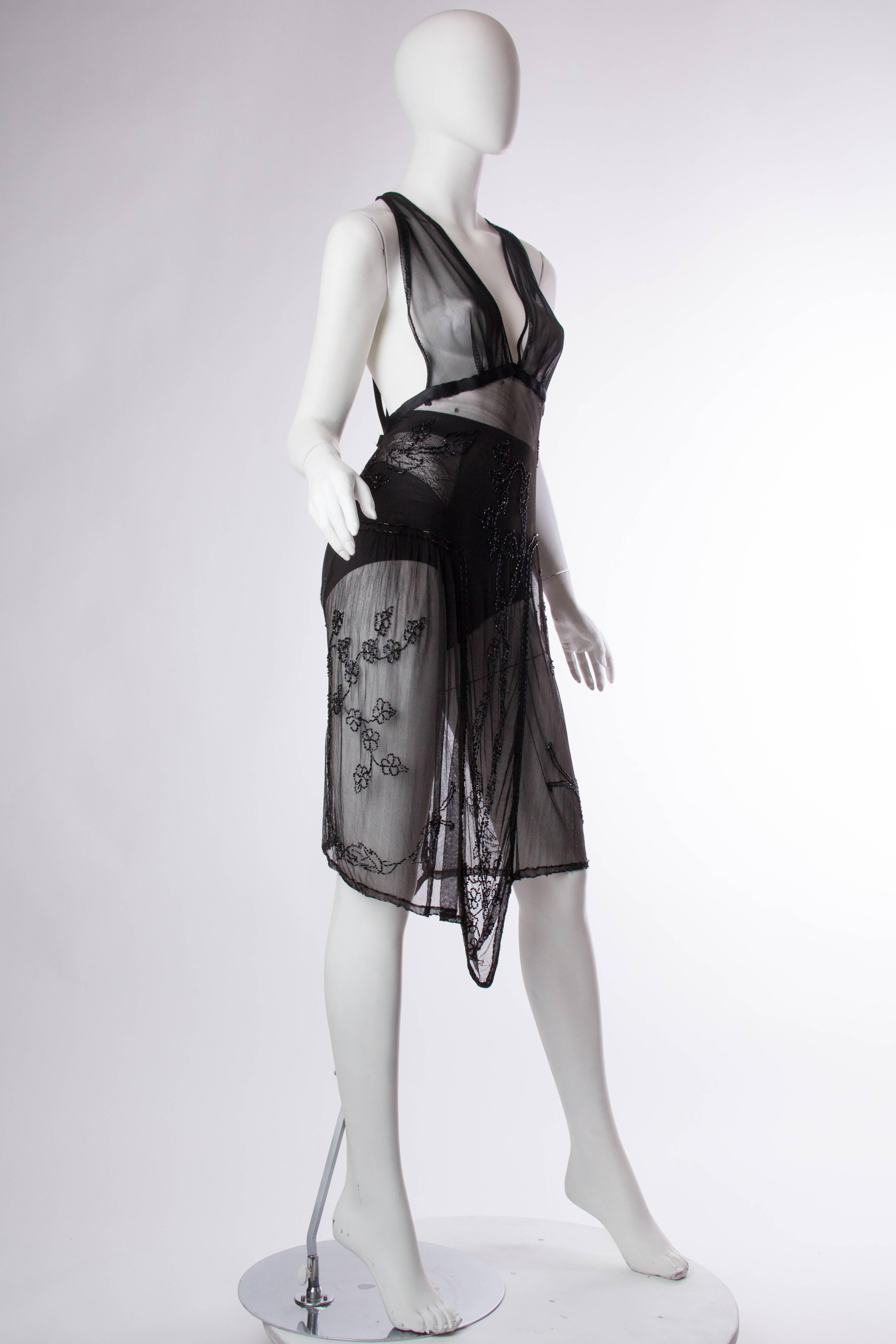 MORPHEW COLLECTION Black Hand Beaded Silk Tulle Sheer Dress Made W/ Edwardian L In Excellent Condition In New York, NY
