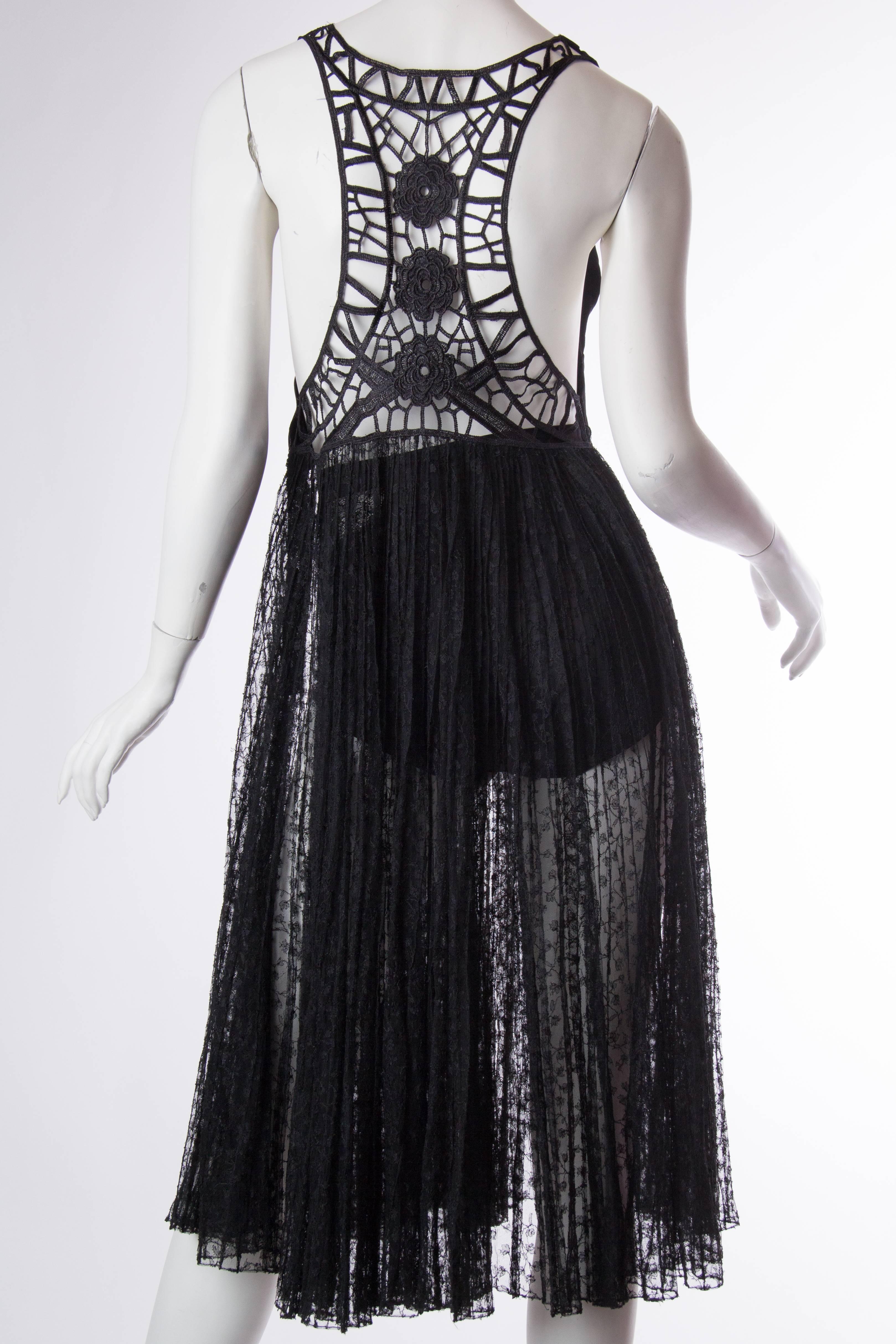 Black Sheer vintage black lace dress with 1970s racer back lace 