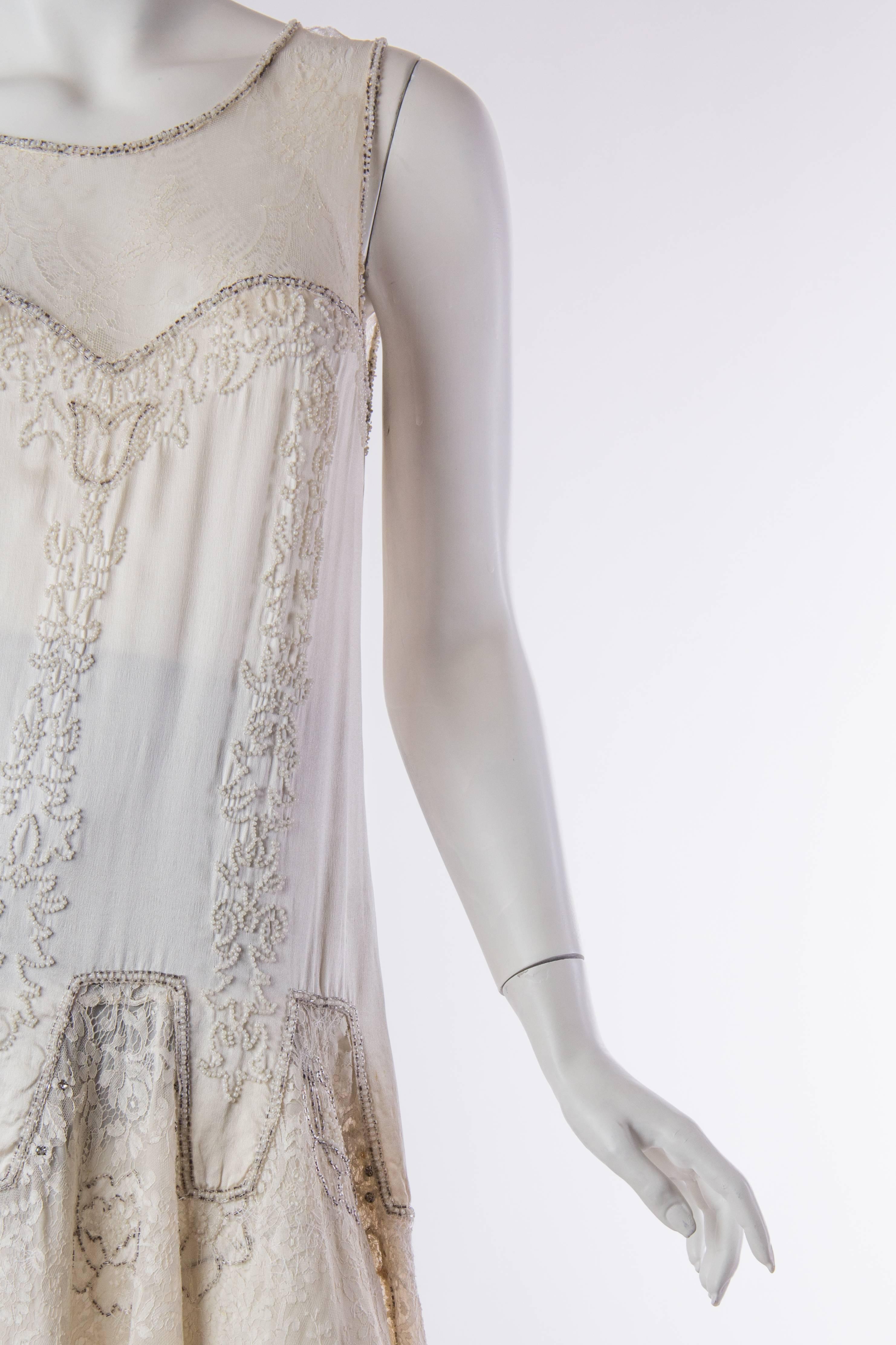 Gray 1920S  Cream Beaded Silk & Chantilly Lace Drop Waist Flapper Bridal Cocktail Dr