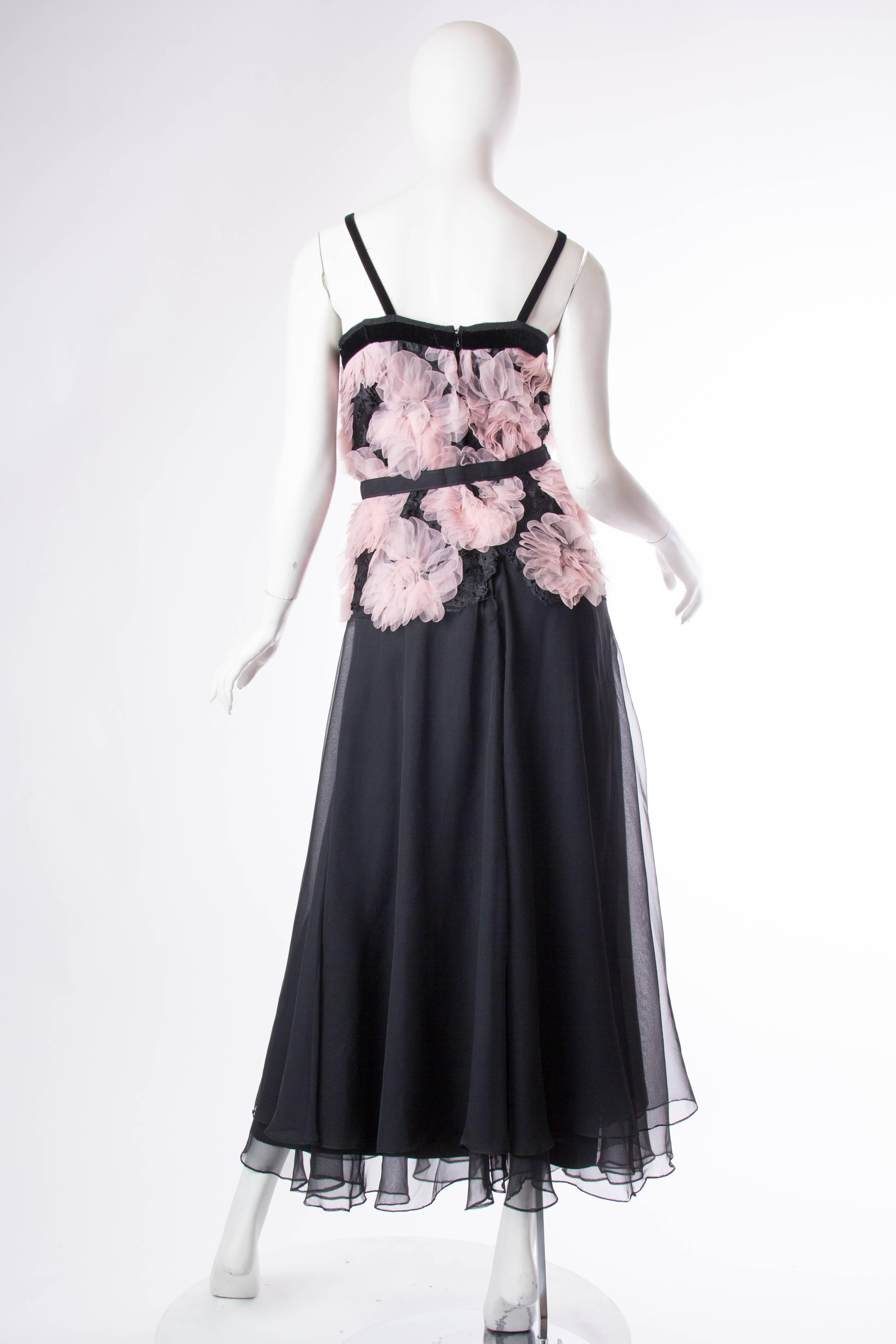 MORPHEW COLLECTION Black & Pink Chiffon Chanel Inspired Gown Made With 1980S Ri In Excellent Condition For Sale In New York, NY