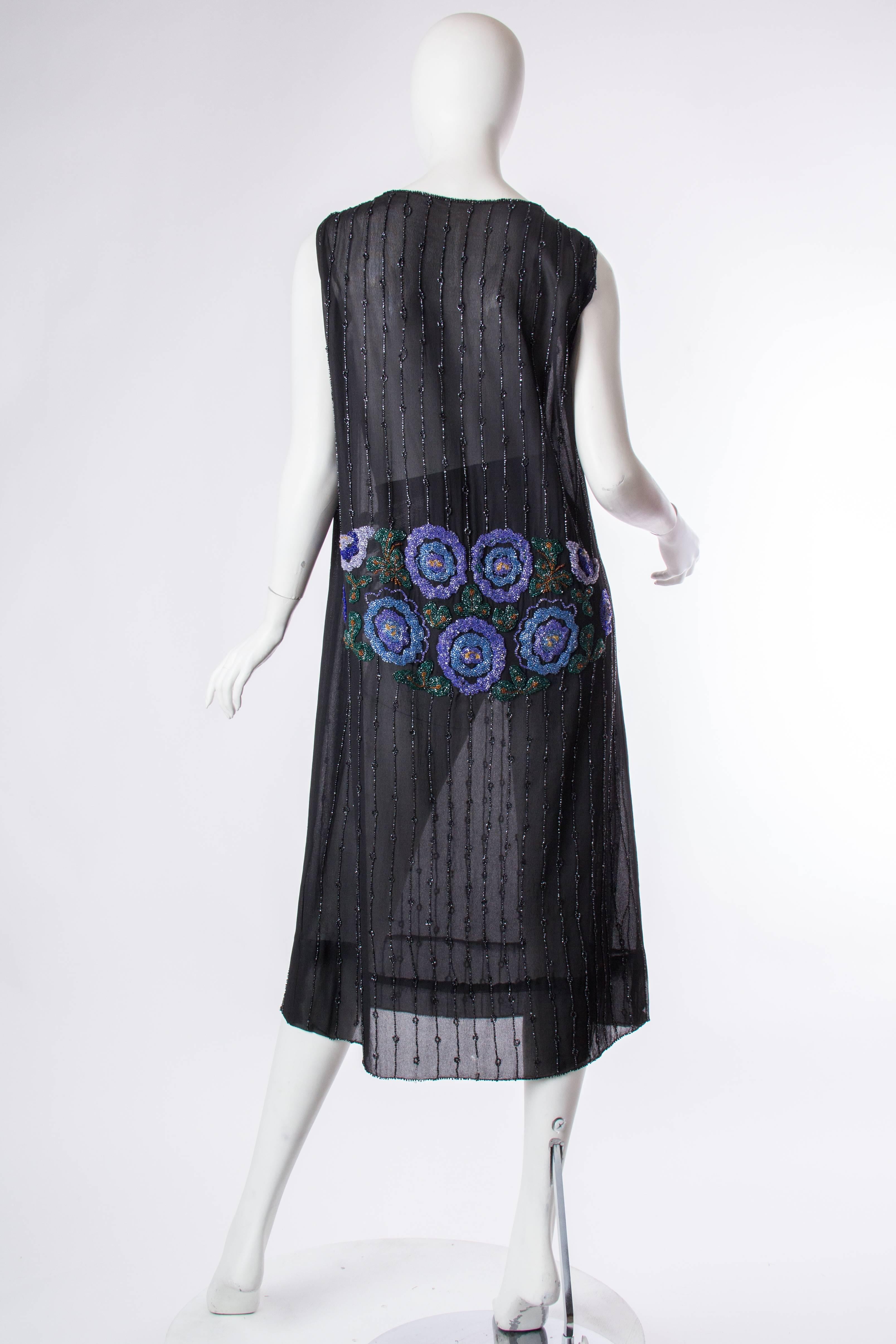 1920S Black Silk Chiffon Flapper Dress With Blue & Green Floral Beadwork In Excellent Condition For Sale In New York, NY
