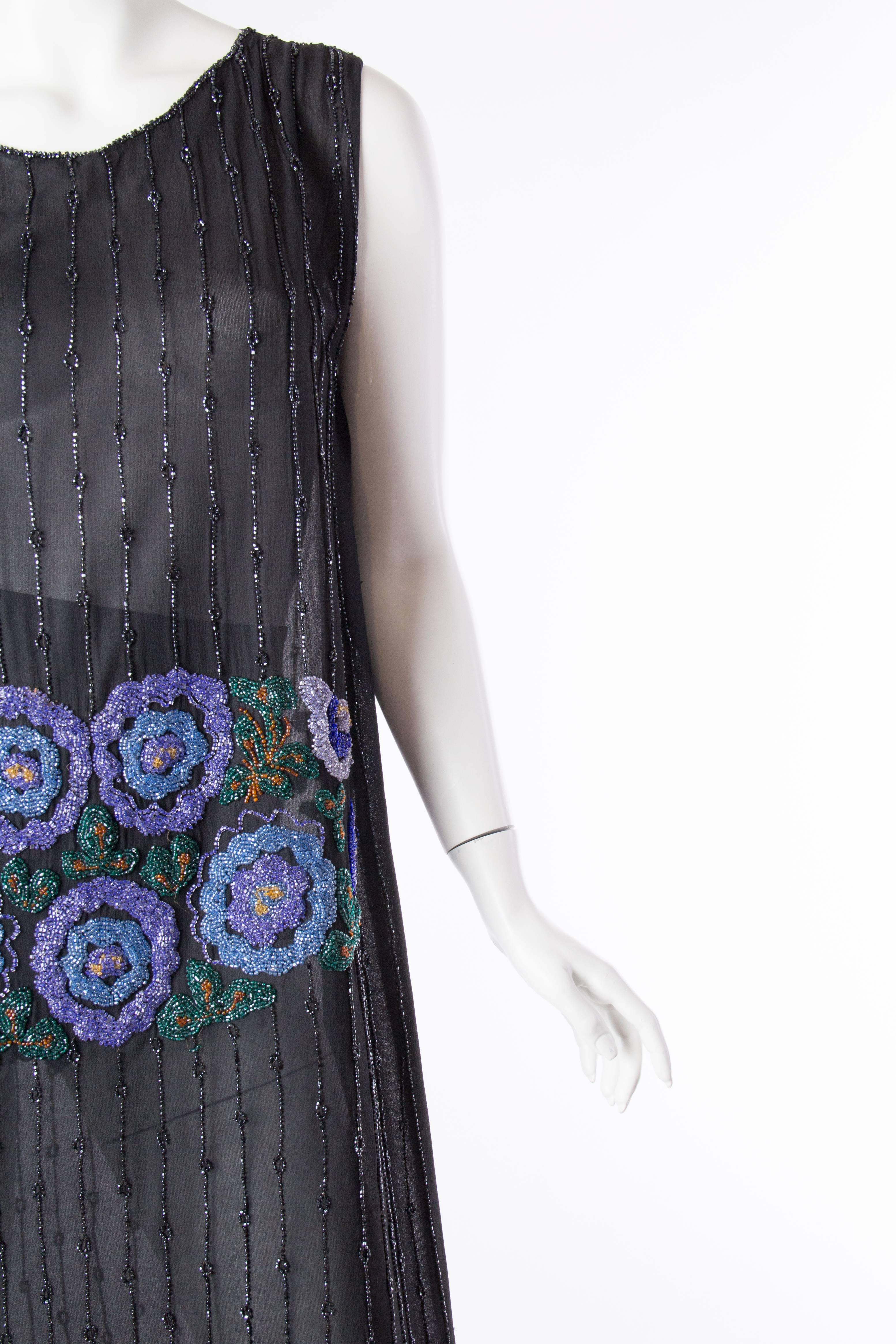 Women's 1920S Black Silk Chiffon Flapper Dress With Blue & Green Floral Beadwork For Sale