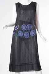 1920S Black Silk Chiffon Flapper Dress With Blue & Green Floral Beadwork