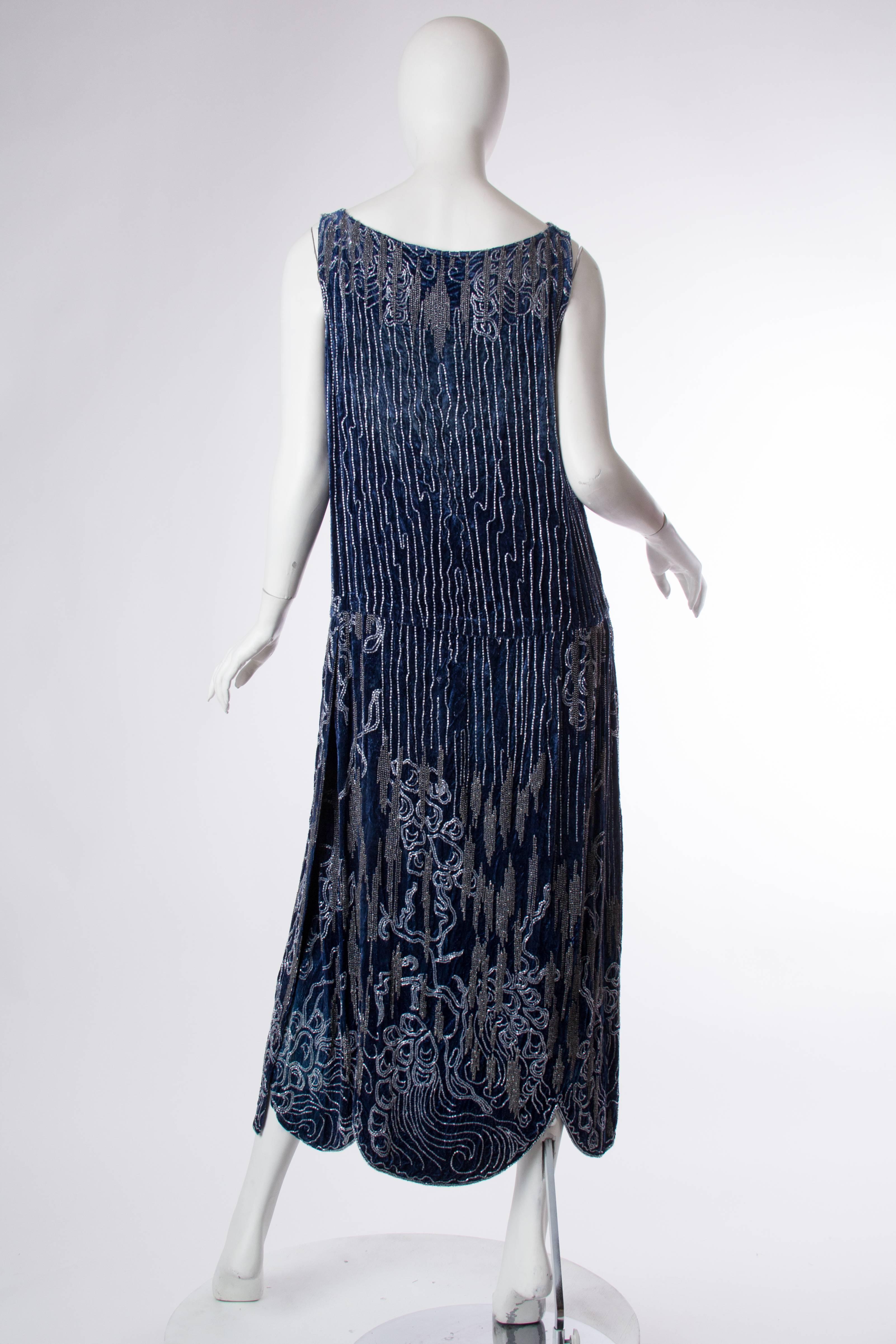 Black 1920S Sapphire Blue  Silk Velvet Abstract Deco Beaded Cocktail Dress With Side 