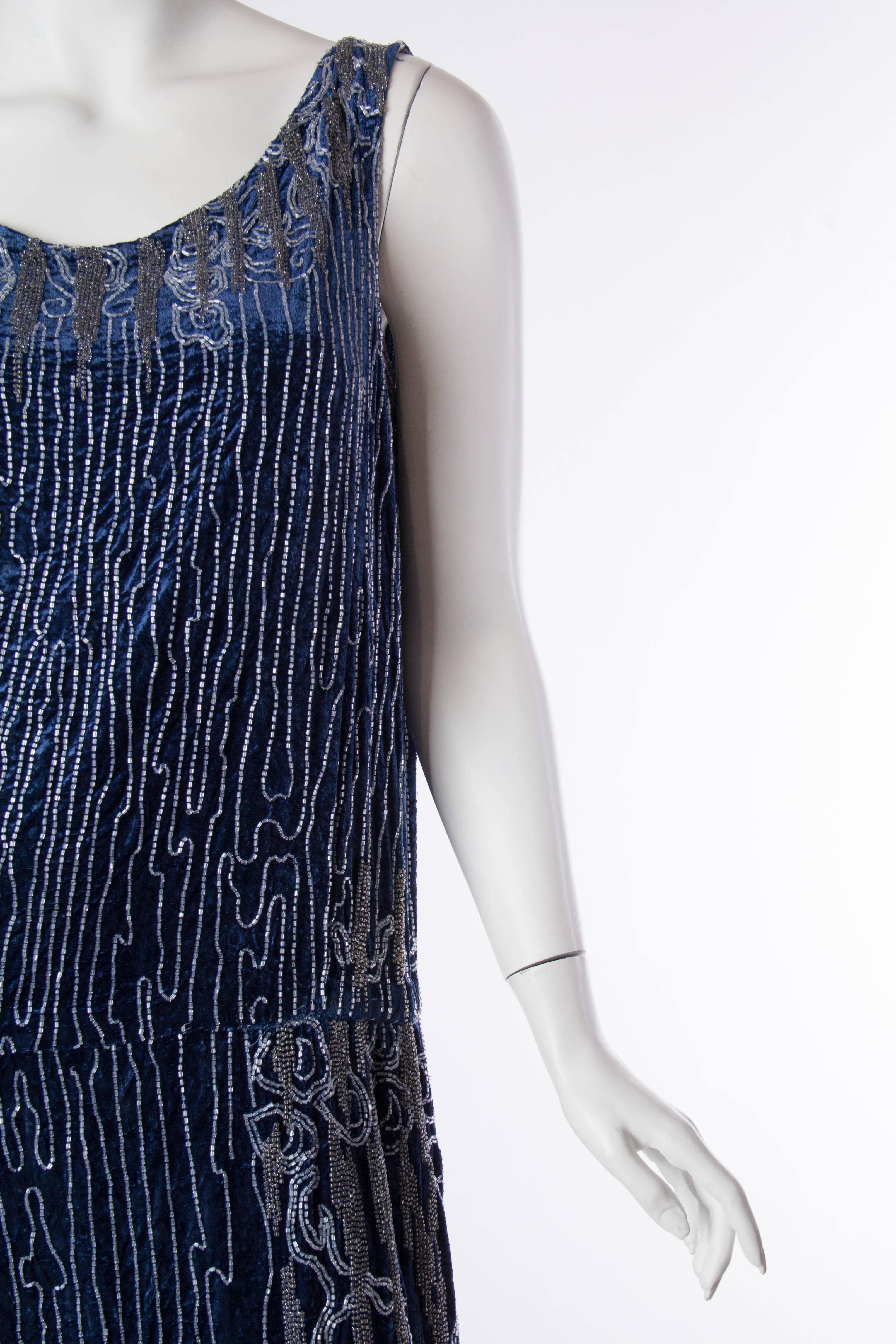 Women's 1920S Sapphire Blue  Silk Velvet Abstract Deco Beaded Cocktail Dress With Side 