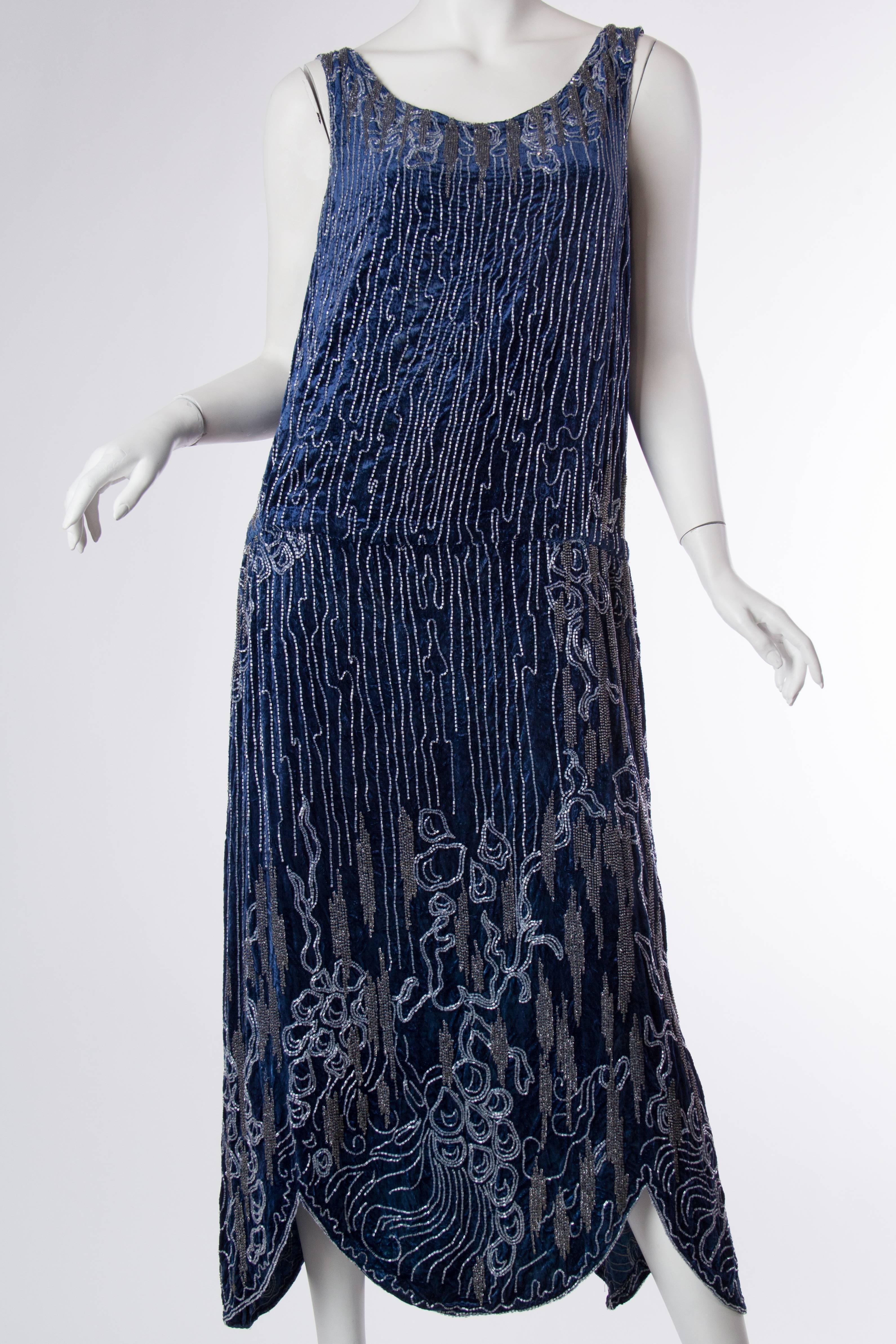 1920S Sapphire Blue  Silk Velvet Abstract Deco Beaded Cocktail Dress With Side Slit