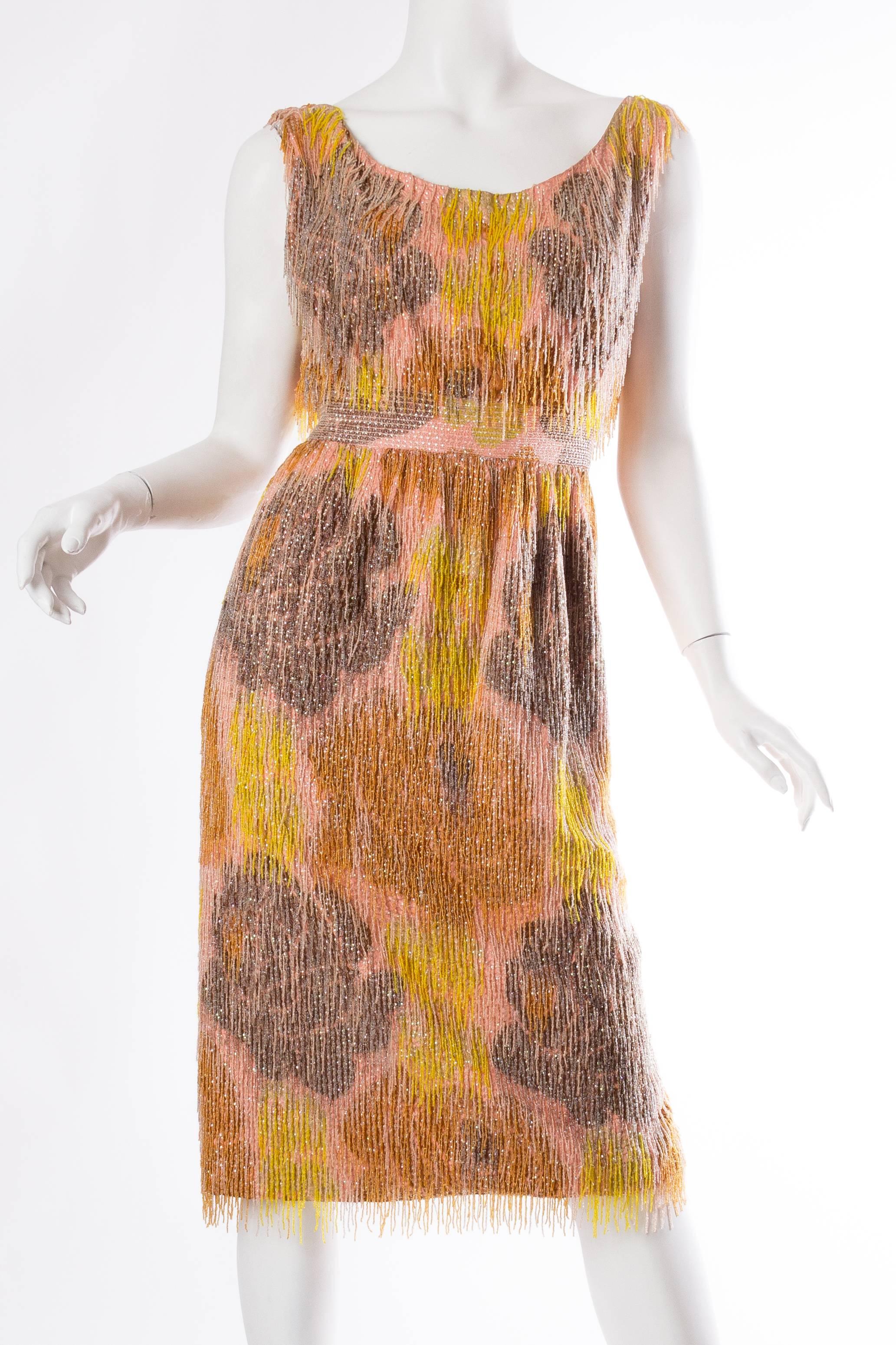 1950S CARVEN Amber Haute Couture Silk Taffeta Handwoven Floral Ikat Cocktail Dress Covered In Beaded Fringe