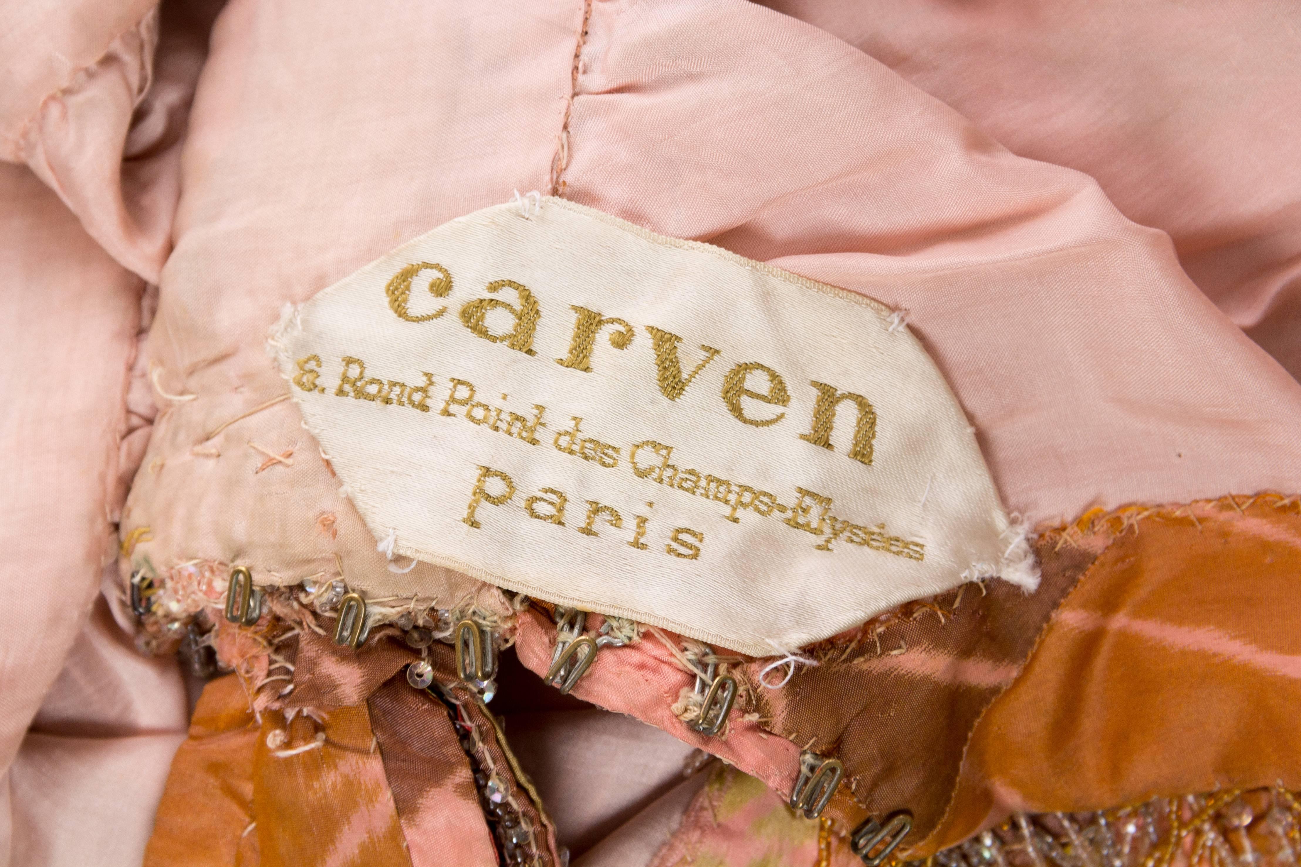 1950S CARVEN Amber Haute Couture Silk Taffeta Handwoven Floral Ikat Cocktail Dr For Sale 1